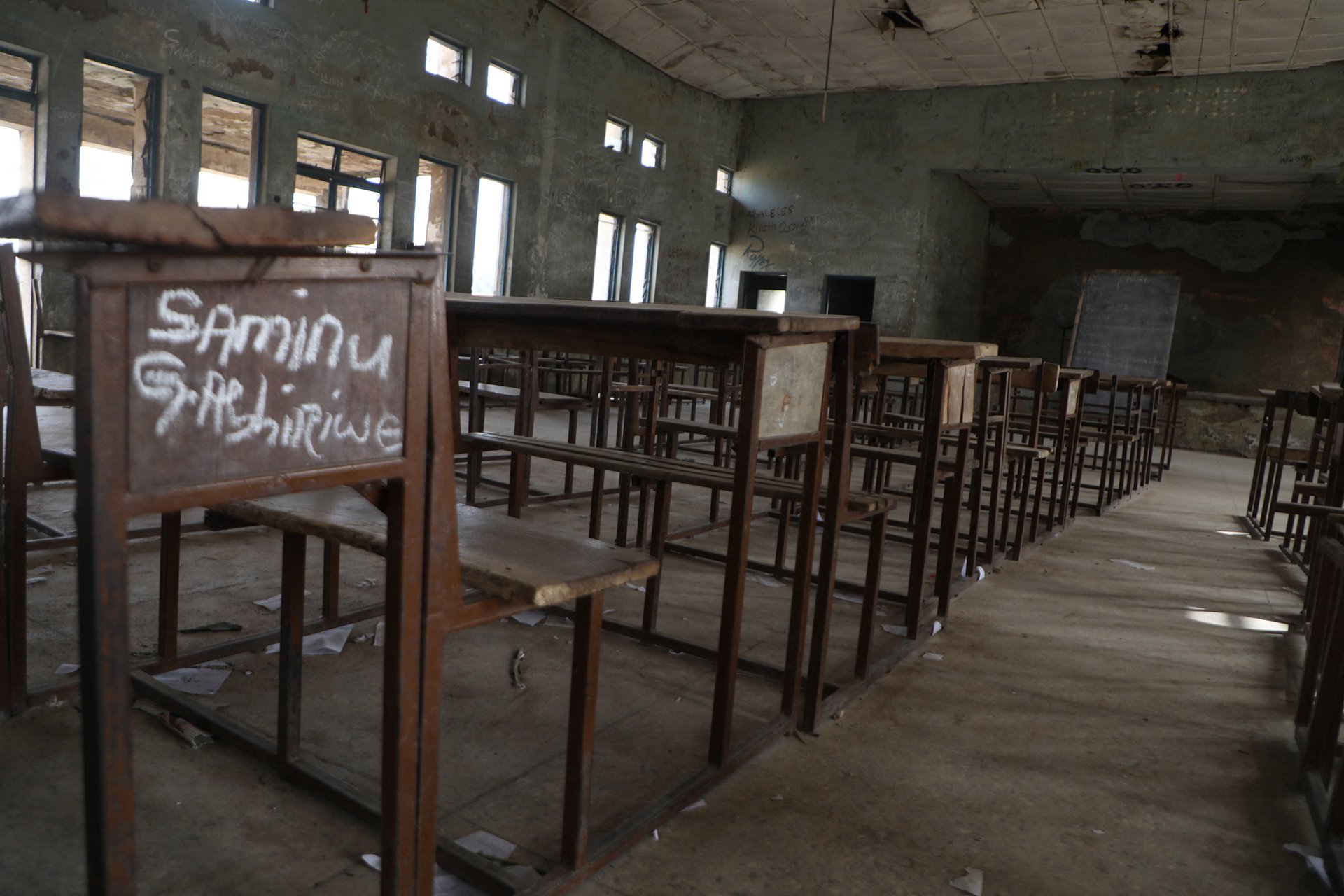 A classroom stands empty at the Government Secondary Science School in Kagara, Niger State, Nigeria. The day before, gunmen had abducted an estimated 27 students from the school. One student was killed during the raid.