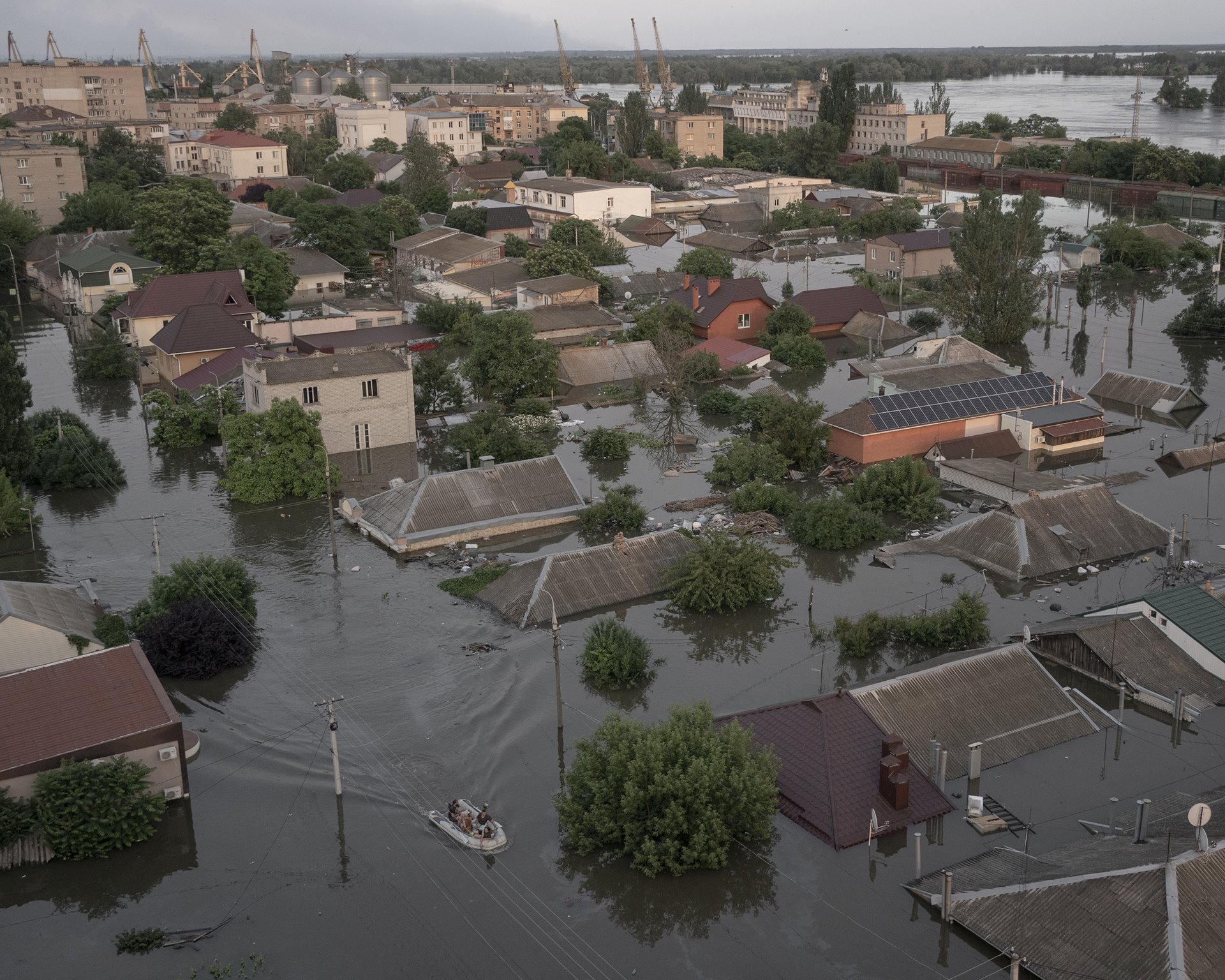 An overview of a flooded area of Kherson, Ukraine, taken from a tower block. At the time, Ukrainian authorities estimated that more than 40,000 people would need to be evacuated.&nbsp;