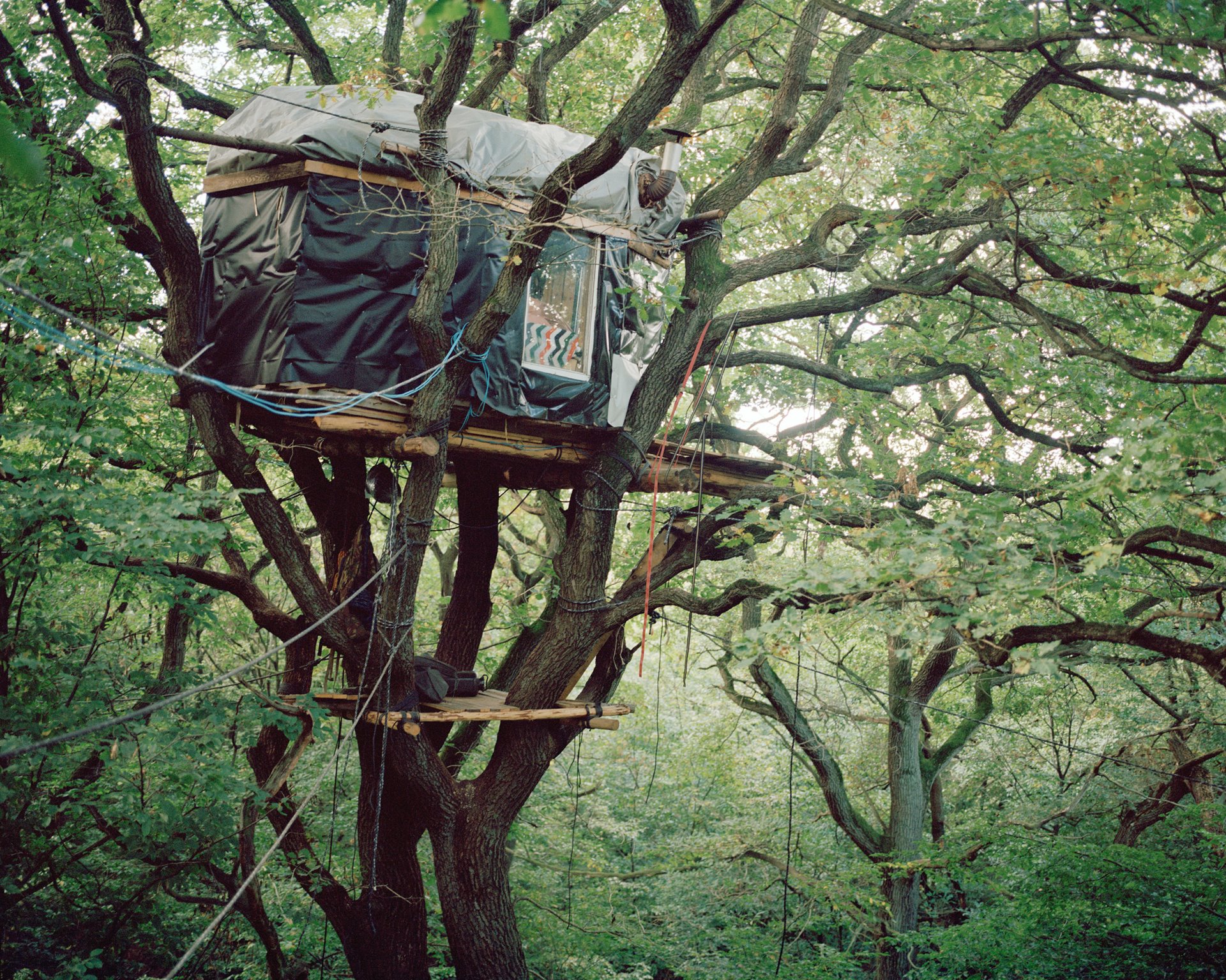 Orka, a treehouse belonging to the Gallien treehouse village in Hambach Forest, near Kerpen, Germany, was demolished during police evictions in 2018. Activists built and occupied the treehouses between 2016 and 2018 , the highest being about 25 meters above ground level. Their inaccessibility made evictions difficult.
