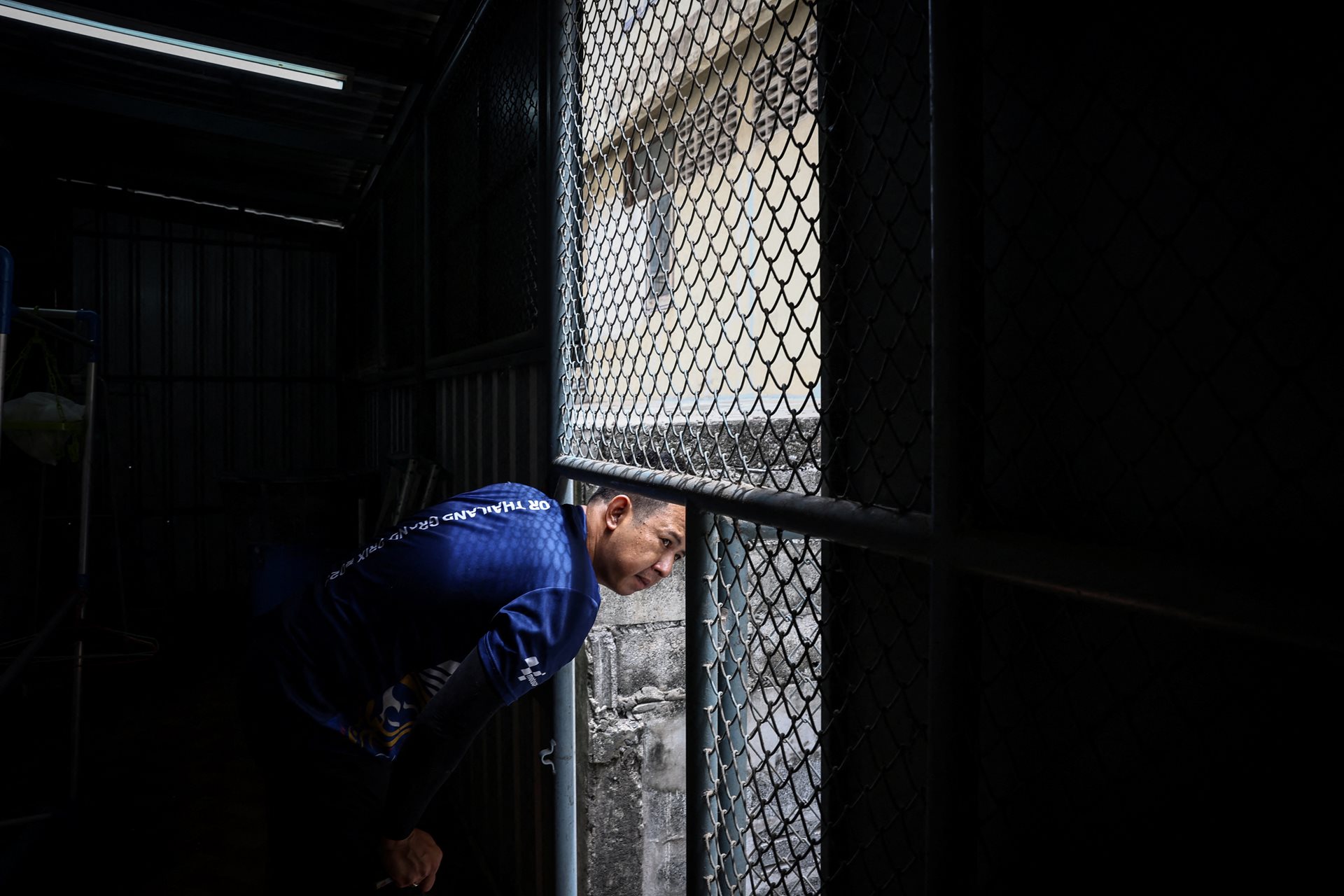 Chanachai Sangsit (38) looks out from his home in Lopburi, Thailand, which he has caged off against long-tailed macaques. Some Lopburi residents resorted to caging themselves within their homes, for protection from the marauding monkeys.