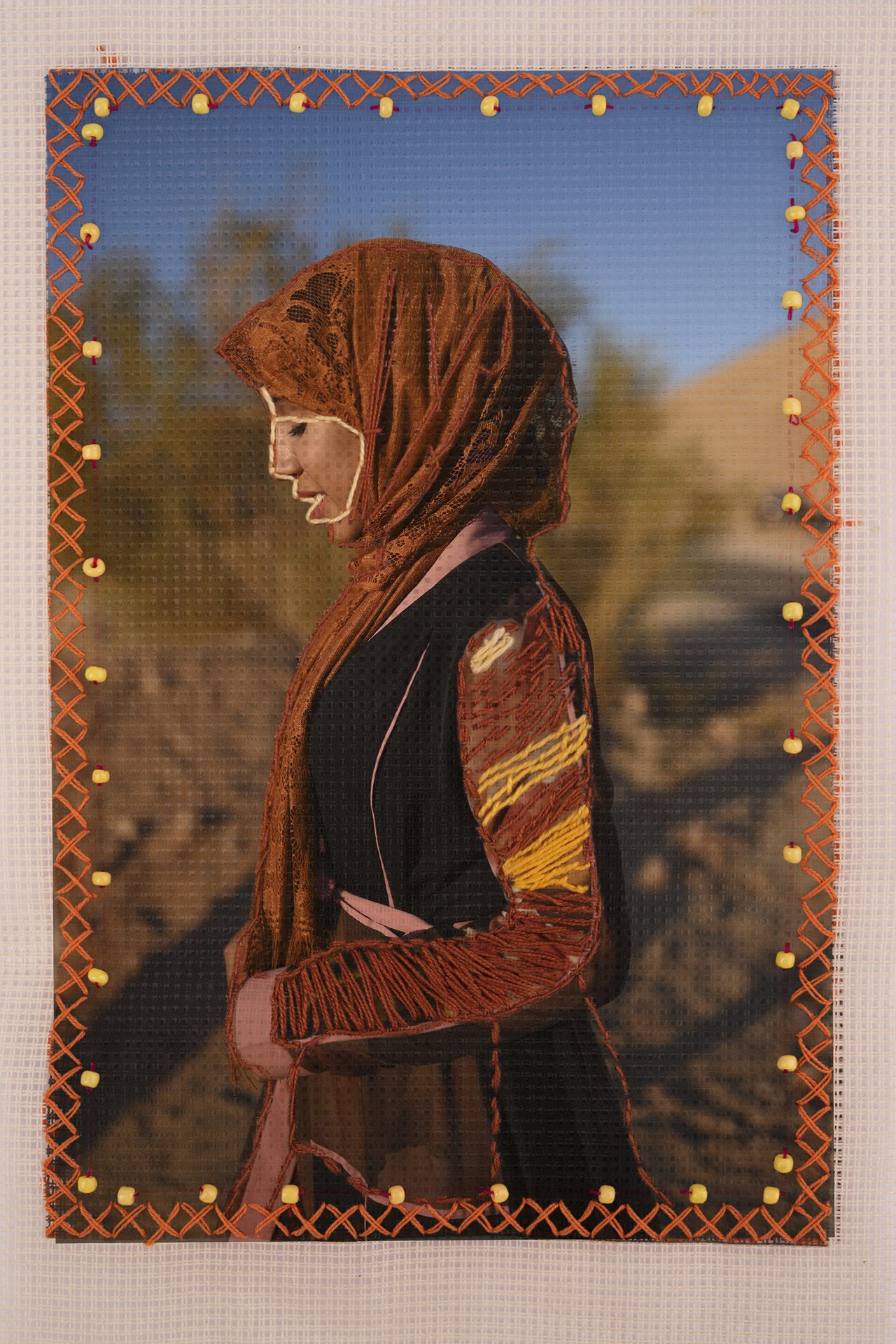 <p>A photograph of Nadia (20), embroidered by her and her cousin Mariam (19), in Al-Tarfa village, South Sinai, Egypt.</p>
