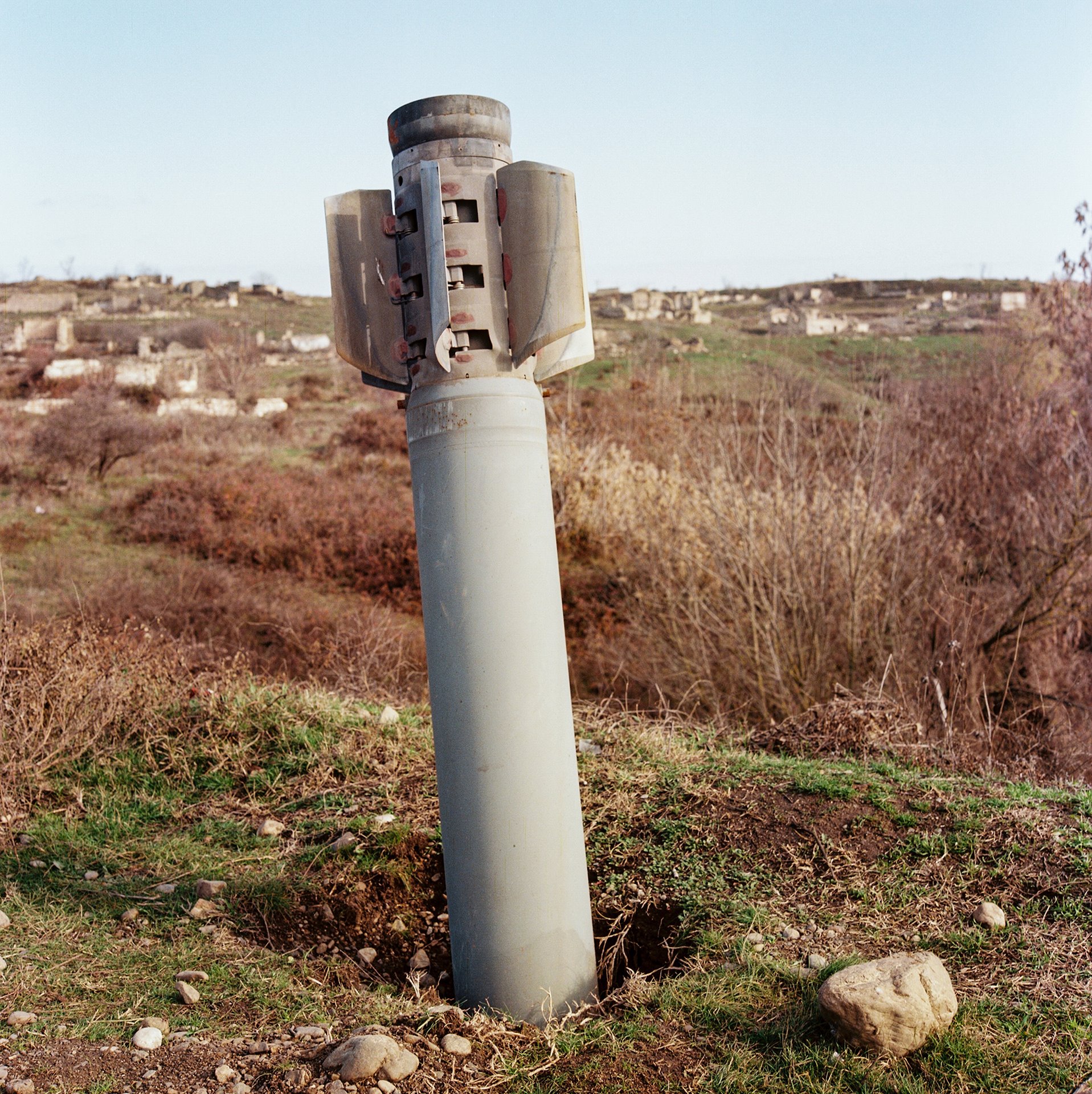 A Russian made &ldquo;Smerch&rdquo; rocket stuck in a field littered with anti-tank mines. Unlike Agdam and Kalbajar, which were returned to Azerbaijan without conflict, the district of Fizuli, Azerbaijan was fiercely contested in the Second Nagorno-Karabakh War in 2020.