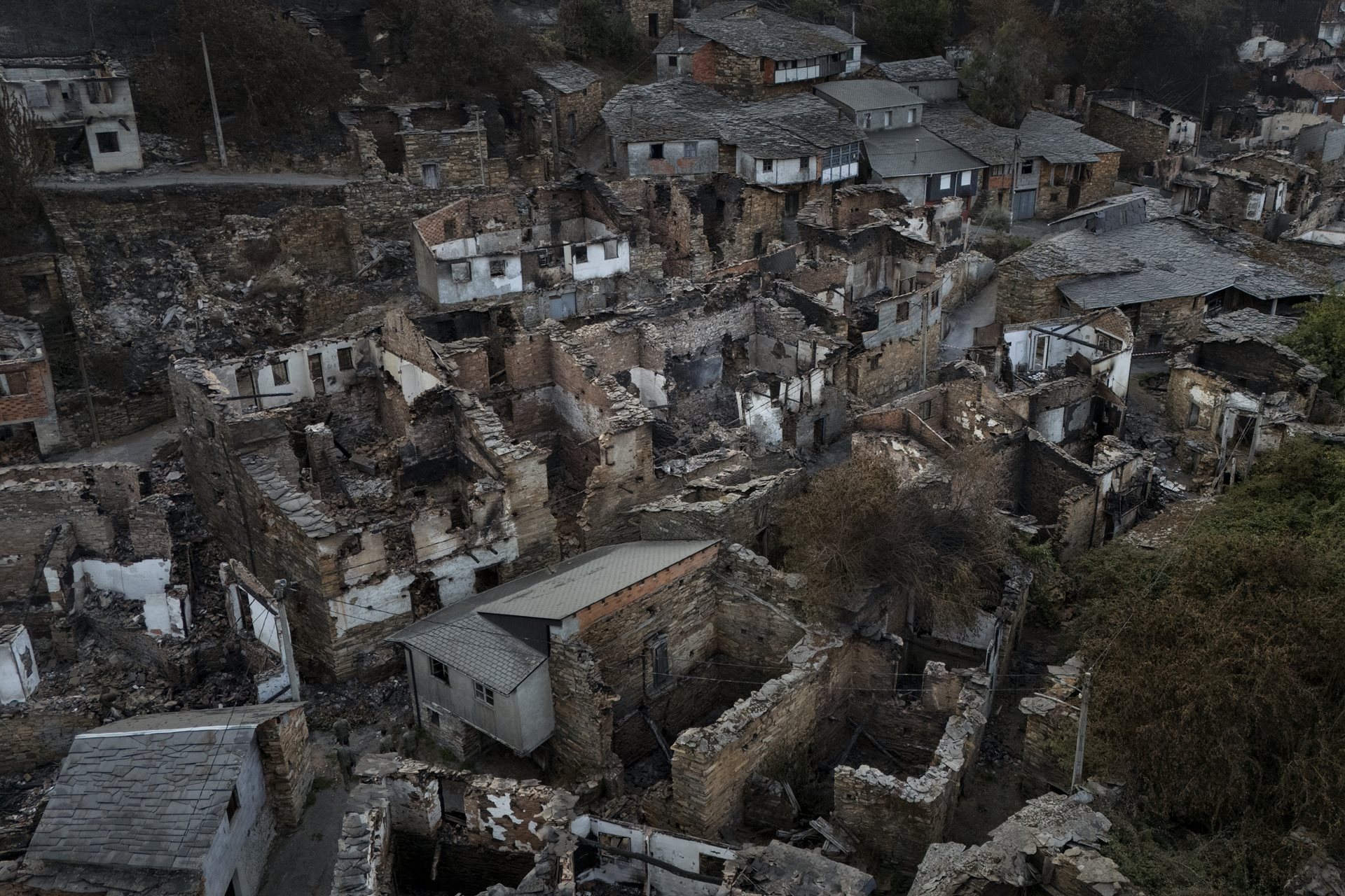 Aerial view of San Vicente de Leira, one of the areas most severely affected by the Larouco wildfire, the worst in Galicia&rsquo;s recorded history. Ourense, Galicia, Spain
