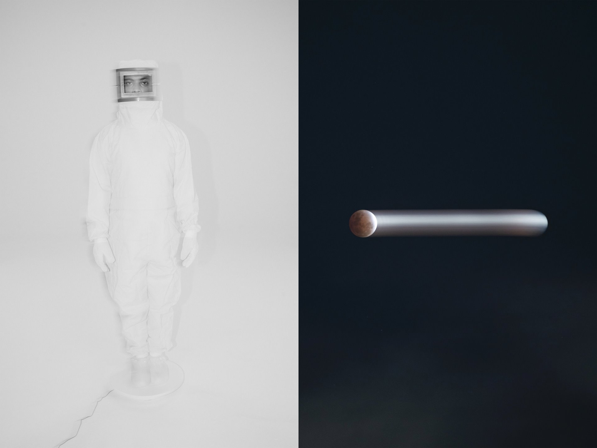 (Left) Isaac Charles Anderson during his fitting in Brooklyn, New York, United States for the space suit he will wear on the moon as an astronaut for the fictional Gay Space Agency. (Right) Long exposure of a lunar eclipse over Brooklyn, New York.&nbsp;