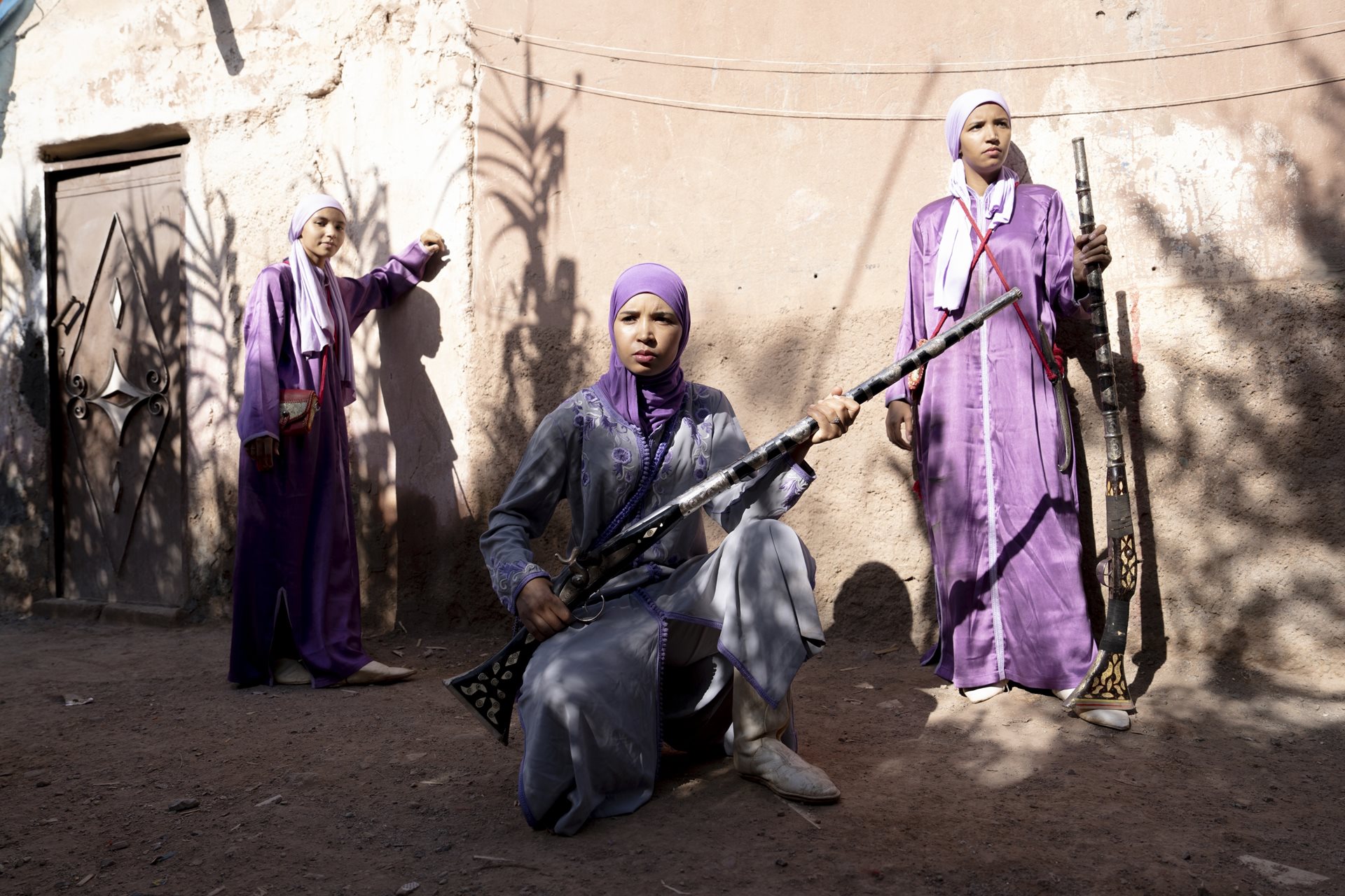 Hanane Talid and her sisters in traditional Tbourida garments, echoing the warriors who used the performance to intimidate invaders. Marrakesh, Morocco.<br />
&nbsp;