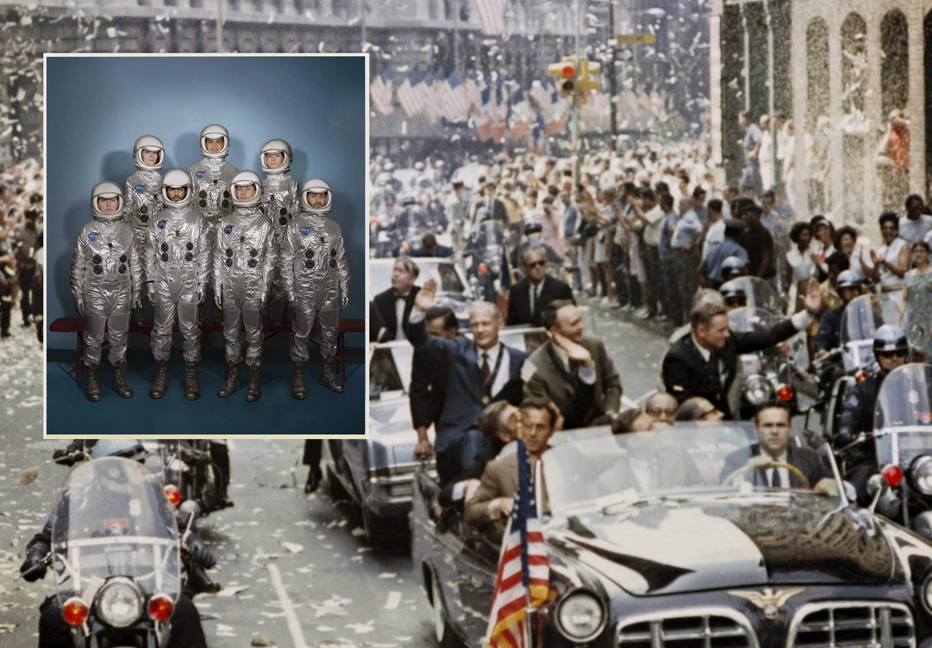 A staged recreation of the original Mercury Seven crew from 1960 photographed in New York City, United States. In this version, the astronauts are portrayed by seven LGBTQI+ people. This image is overlaid on a NASA photo from the Apollo 11 ticker tape parade in New York on 13 August 1969.&nbsp;