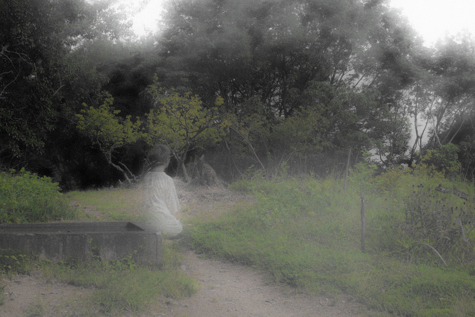 A half-transparent person sits in a place where Shigeo Mori loved to go. Shigeo brought his wife Itoko here and said, &quot;Isn&#39;t this a nice place?&quot; The photographer wanted that the person depicted here could be seen as both Itoko and Shigeo. Shigeo is no longer in the place he loved. The half-transparent image represents Itoko&#39;s sense of loss after losing her husband. On the other hand, the afterimage left in the landscape shows that Shigeo continues to live on in Itoko&#39;s heart.