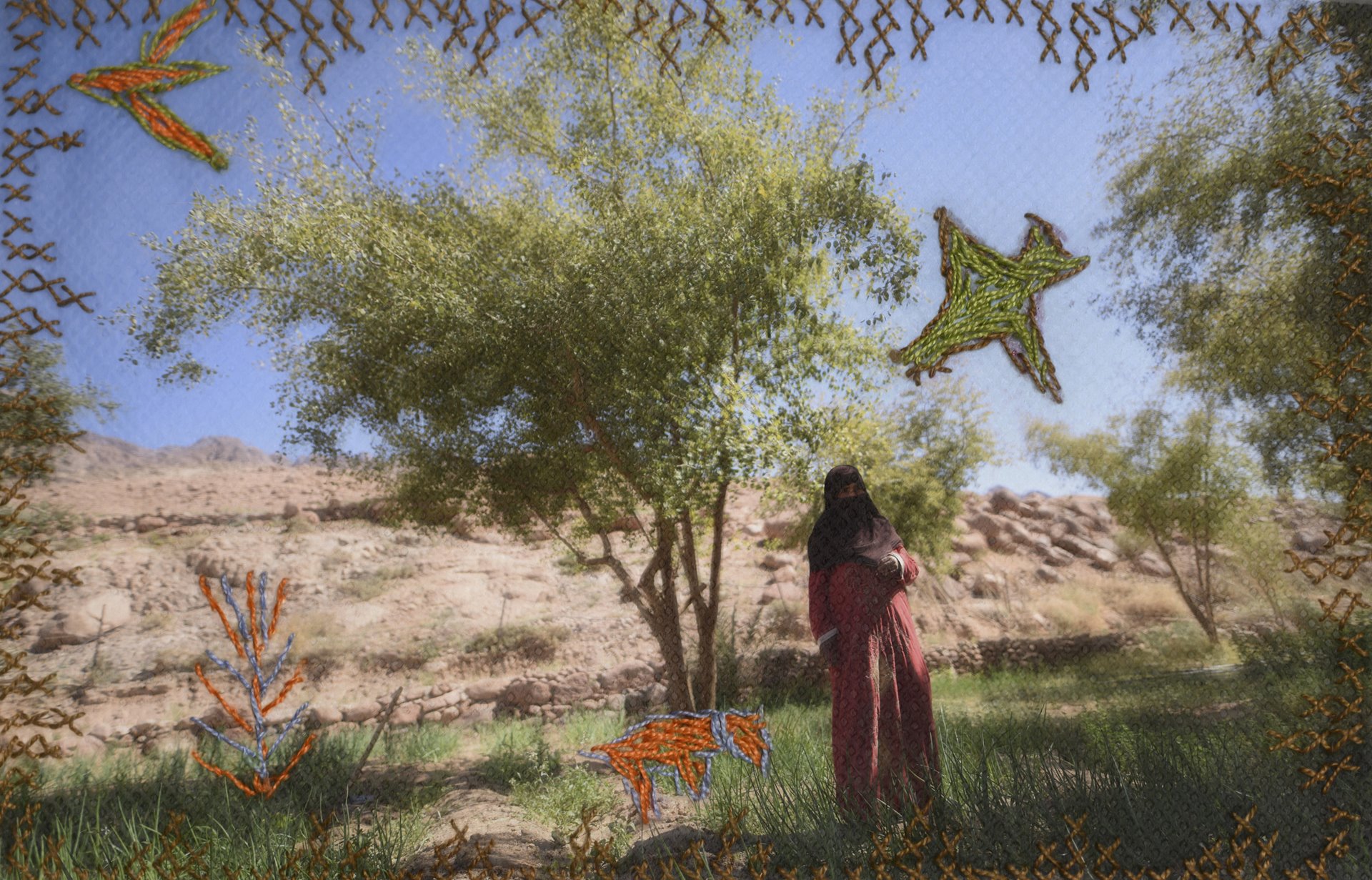 <p>Hajja Oum Mohamed (53), who embroidered her own portrait, in her garden in Gharba Valley, South Sinai, Egypt.</p>
