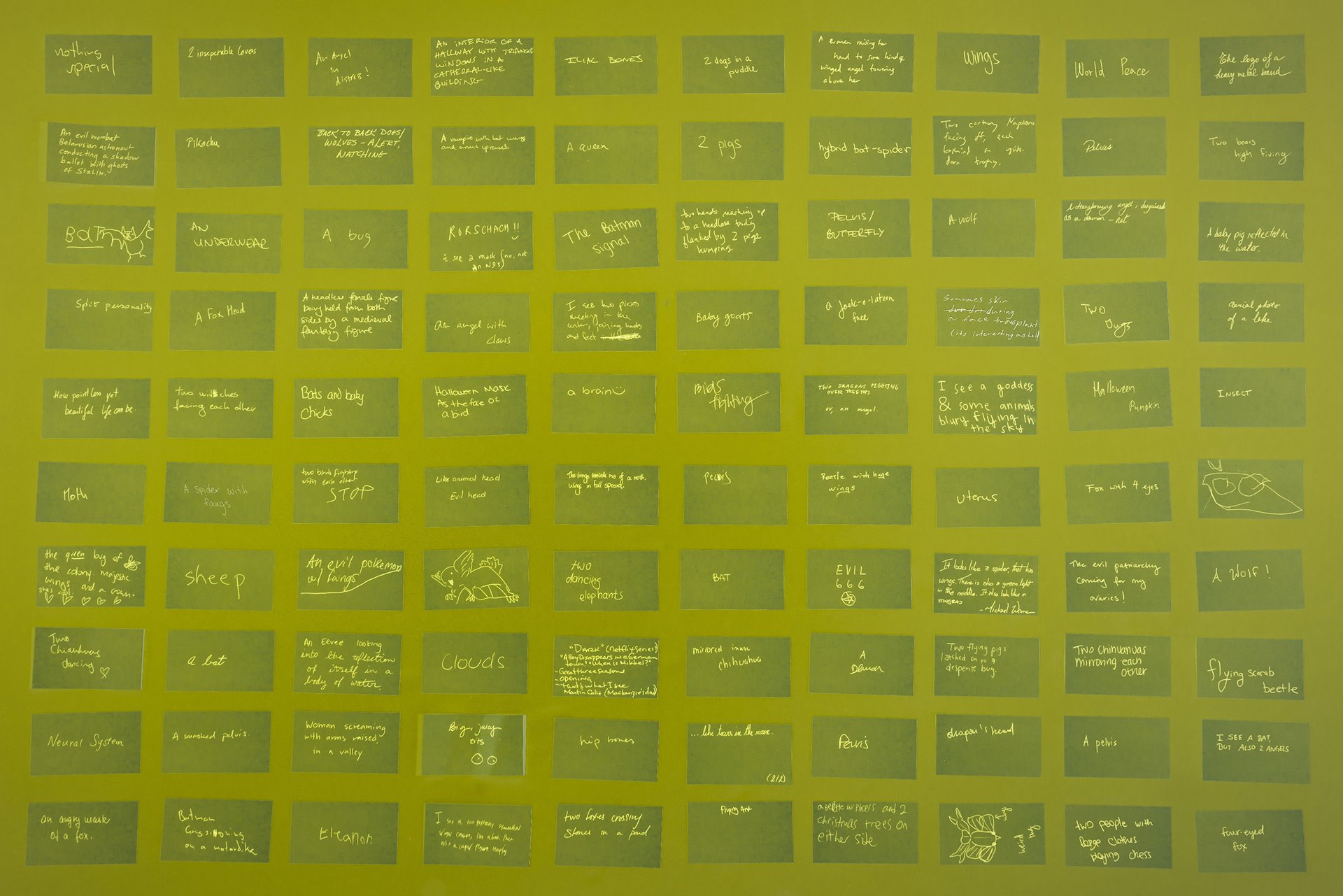 Fictional astronaut candidates for the Gay Space Agency were given the Rorschach inkblot test as part of the GSA astronaut selection process. They were asked what they saw in the inkblots; these are some of their fictional responses.