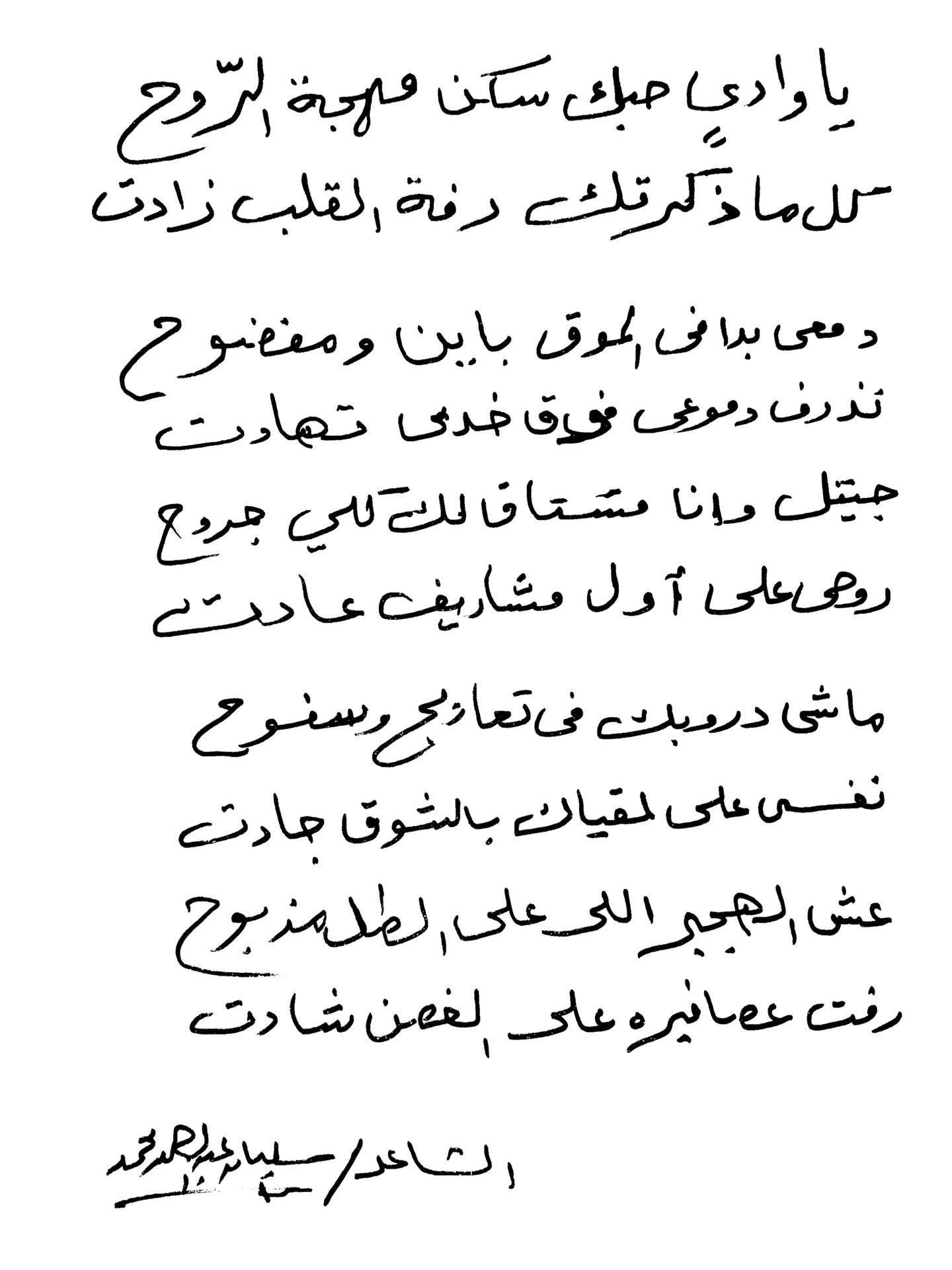 <p>A poem by Seliman Abdel Rahman in St. Catherine, South Sinai, Egypt.</p>

<p style="text-align: center;">&ldquo;Oh valley, your love is a home for the soul&rsquo;s joy<br />
Whenever I see you my heart grows I come to you in longing full of pains<br />
My soul returns to me as I approach your grounds&rdquo;</p>
