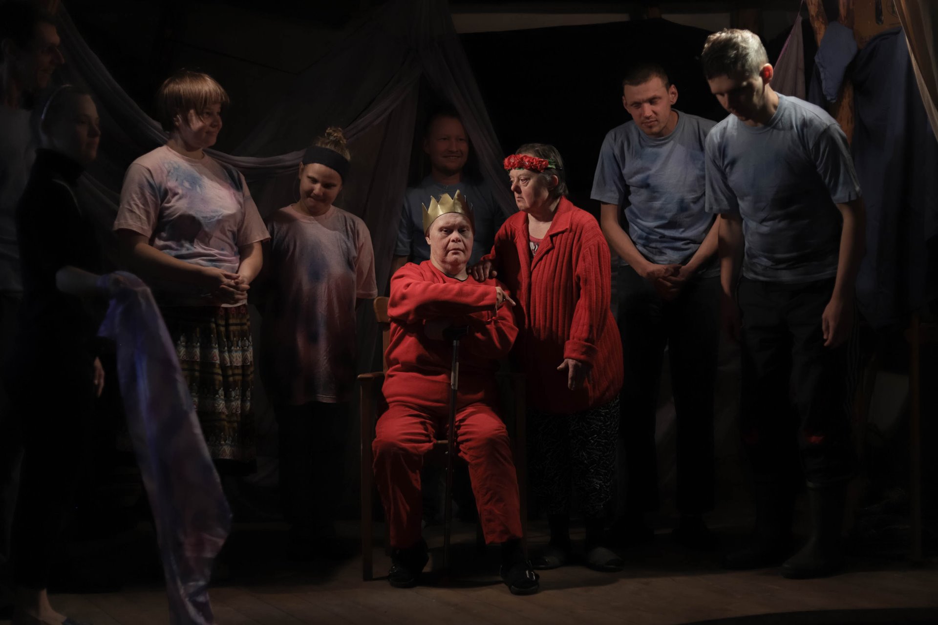 Svetlana residents rehearse for a performance of <em>The Little Prince</em>, with Minya as the King and Tatyana as the Rose.