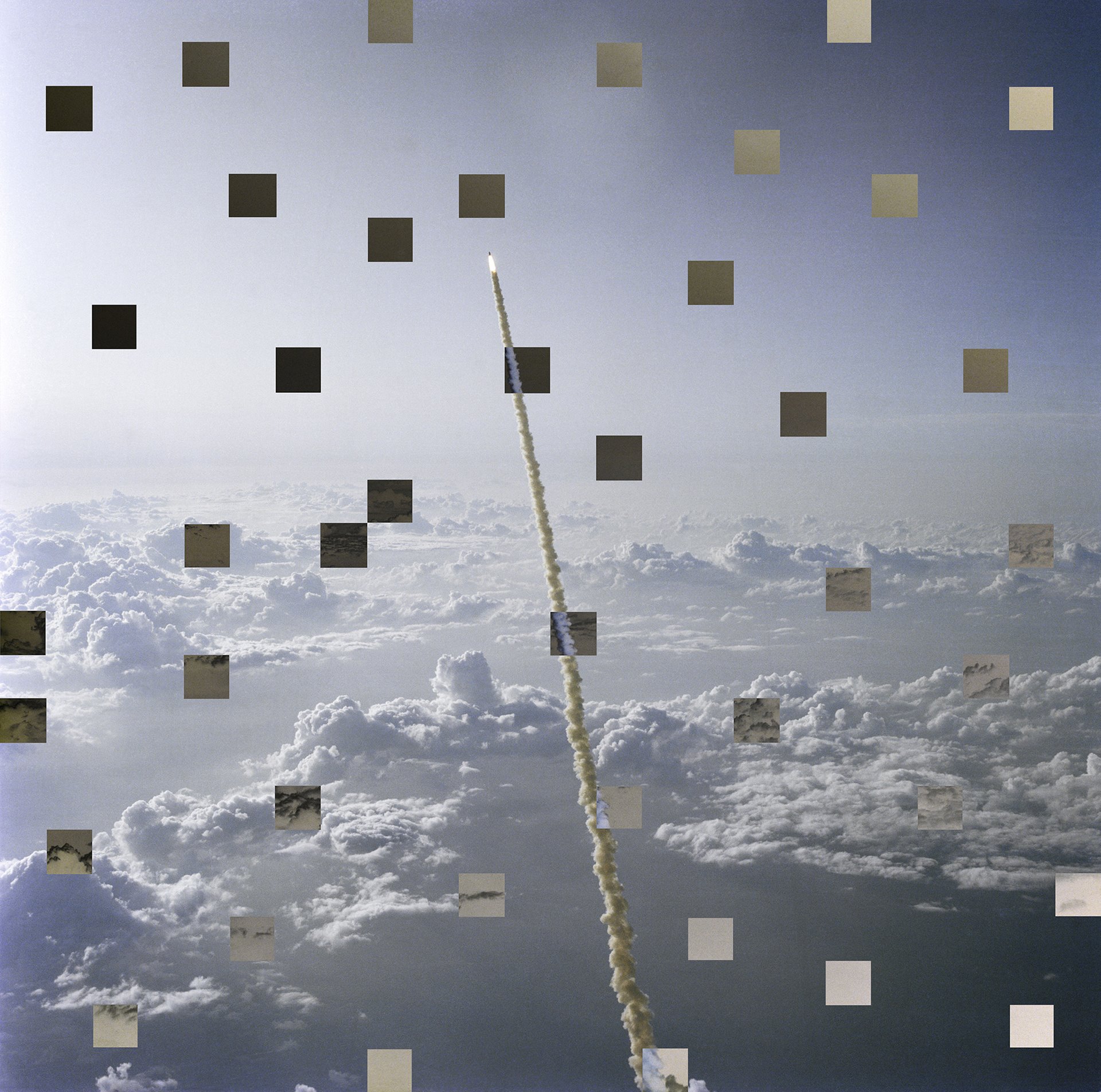A manipulated NASA archival image of Dr. Sally Ride&rsquo;s STS-7 mission launch from Kennedy Space Center in June 1983, the first space flight with a known LGBTQI+ person, although this was only revealed after her death. There have been over 600 astronauts trained around the world. The 43 inverted squares are out of a grid of 600, representing the demographic proportion of members of the LGBTQI+ community in the general population.