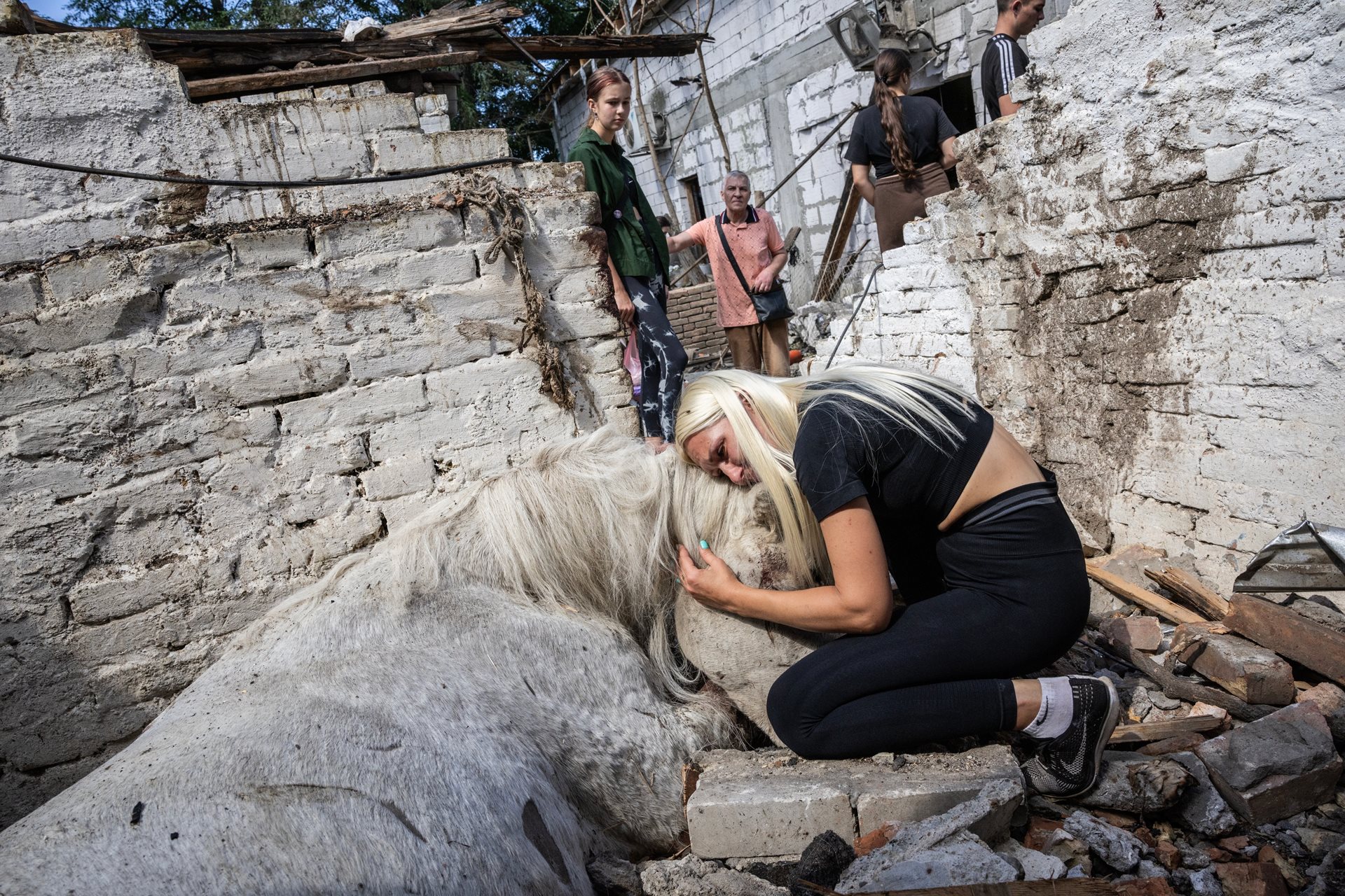 <p>Yulia Vasiakina embraces Kamelia, her 20-year-old horse, killed when Russian long-range drones struck their neighborhood and destroyed most of the surrounding city block in Odesa, Ukraine.&nbsp;</p>
