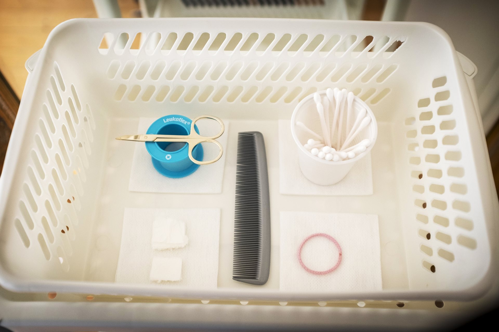 <p>A basket of personal care items in Engla Louise&rsquo;s apartment in Linköping, Sweden. Because of her obsessive thoughts and extreme fear of contamination, visitors must wear shoe covers, disinfect their hands, and avoid touching furniture and walls.</p>
<br />
&nbsp;