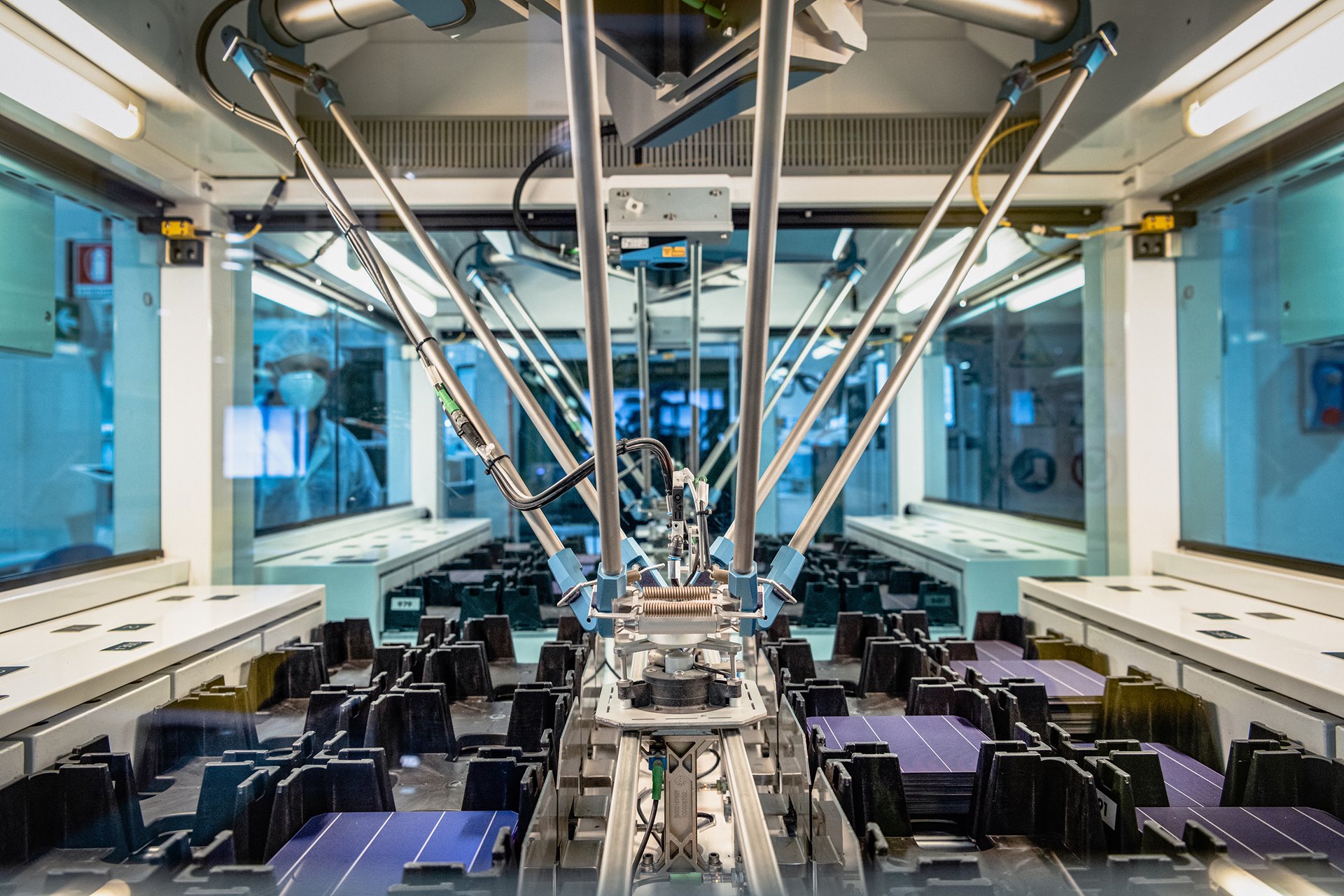 A quality control machine analyzes and classifies solar cells, at a &lsquo;gigafactory&rsquo; in Catania, Italy, which was the first in Europe to manufacture photovoltaic panels that produce solar energy from both sides. The plant&rsquo;s operators plan to manufacture sufficient panels each year to generate three gigawatts of energy (a gigawatt is a massive amount of energy, equalling one billion watts).