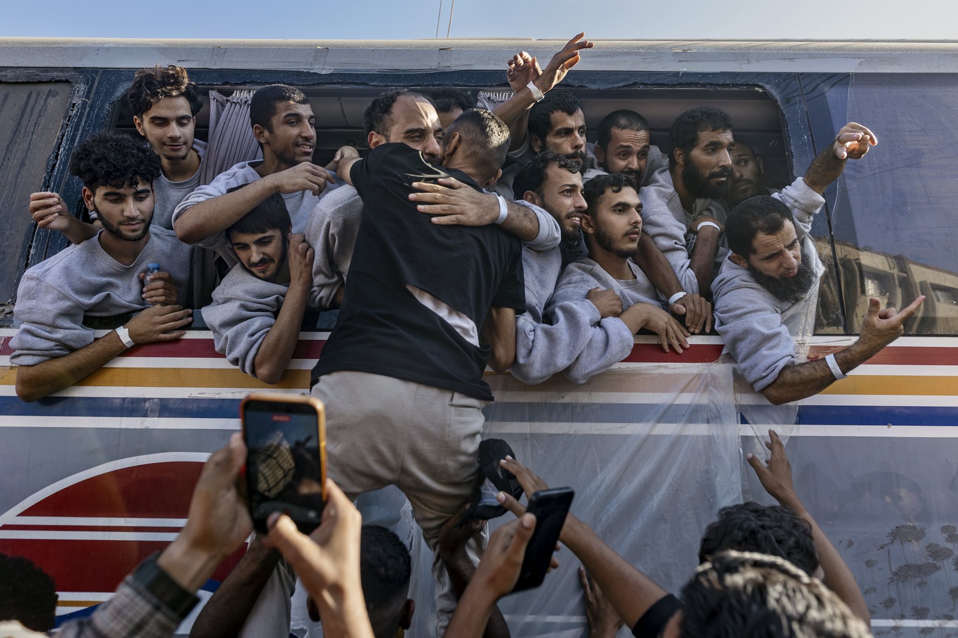 Palestinian detainees and prisoners arrive at Nasser Hospital in Khan Younis, Gaza Strip, after being released from Israeli custody as part of the ceasefire agreement. Israel freed nearly 2,000 Palestinians.&nbsp;
