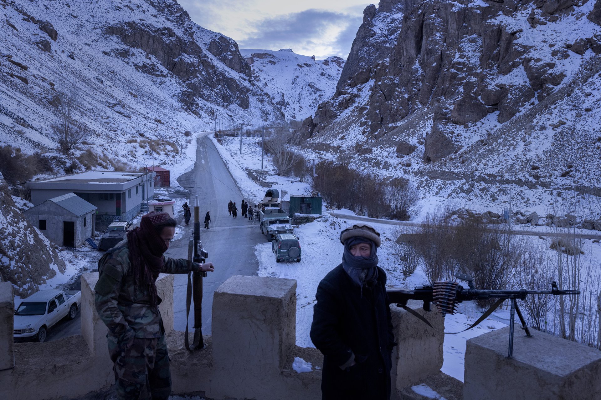 A heavily armed Taliban checkpoint outside Bamiyan, Afghanistan. For years, the Taliban waged guerilla warfare against foreign troops and the Afghan army; now they must guard against attacks by the Islamic State, which is using the same tactics the Taliban deployed in an ongoing battle for control of the country.
