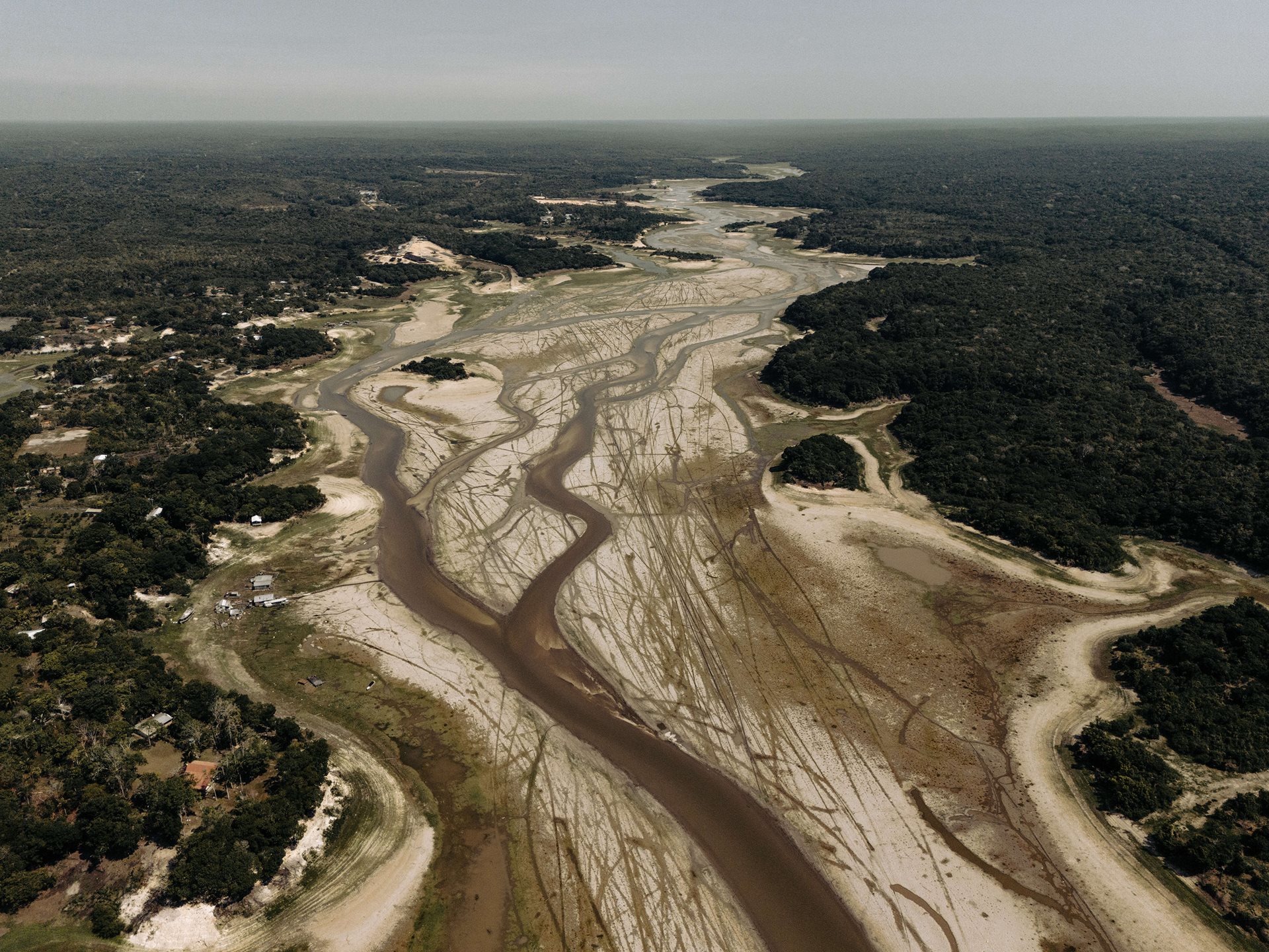 Aerial view of the Tarumã River, which has become unnavigable due to drought. The landscape is marked by lines left by boat propellers before the river became impassable. Manaus, Amazonas, Brazil.