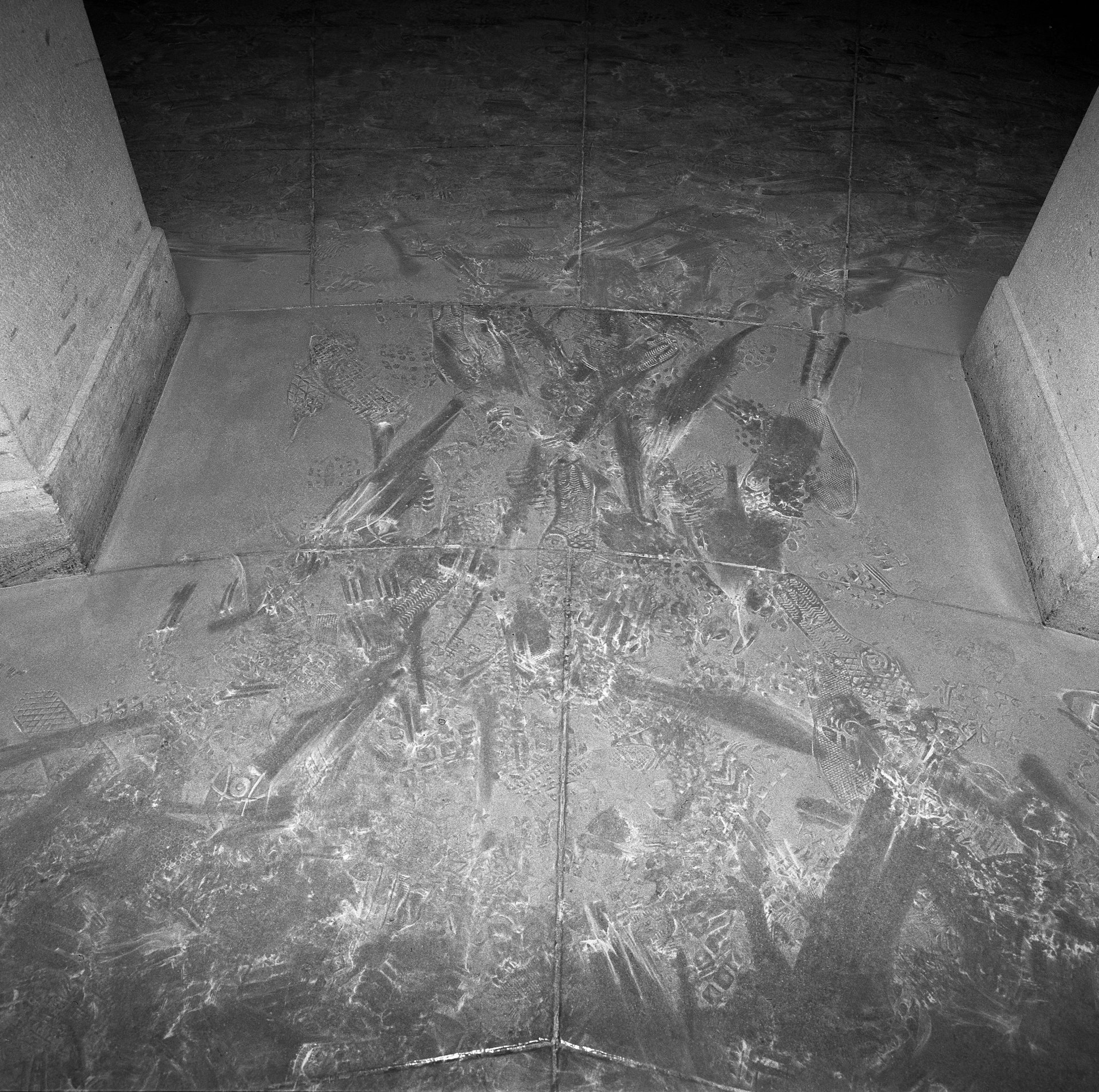 Tracks can be seen in the residue from fire extinguishers in the Capitol, Washington DC, USA. Pro-Trump protesters used them against the police, along with pepper spray and makeshift weapons such as flagpoles, pipes, and riot shields.