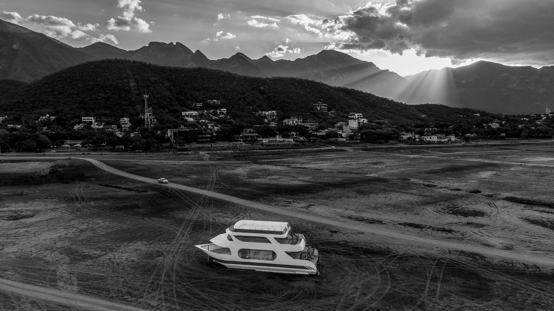 <p>A tourist boat sits grounded after the La Boca dam dropped to 8.5% capacity during the 2022 drought. Monterrey remains caught between extreme water scarcity and catastrophic, climate-driven flooding. Santiago, Nuevo Leon, Mexico</p>
<br />
&nbsp;
