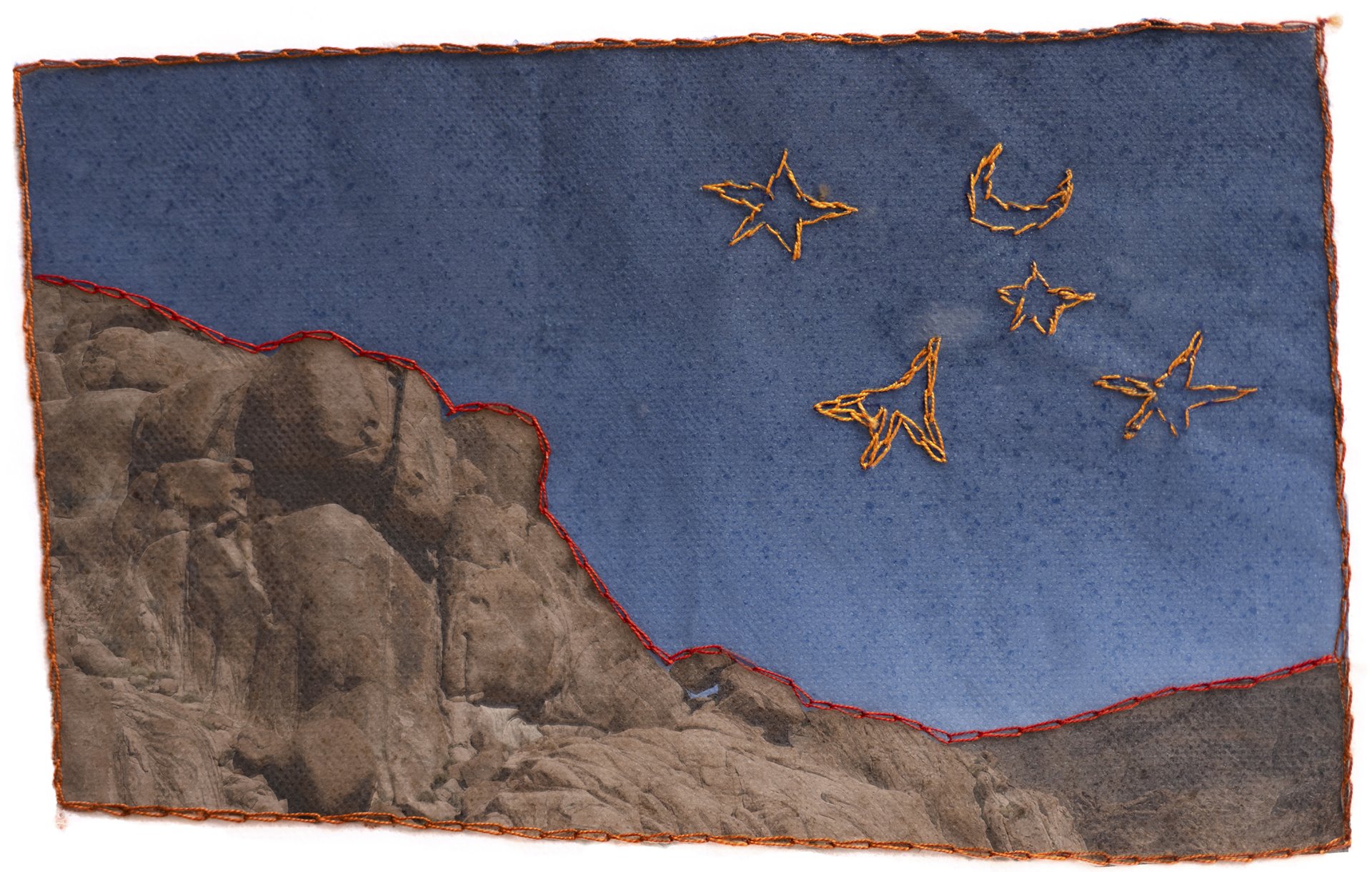 A photograph of Jabal AlBanat (The Mountain of the Girls) embroidered by Yasmine (32), who is from Sheikh Awad village. Legend says that the parents of three Bedouin girls, renowned for their long and luscious hair, forcefully arranged marriages for them on the same night. Feeling forced to wed, the three girls decided to go up to a nearby mountain and bonded by their long and strong braids, they leaped off the summit. The mountain has been named after them as a reminder of women&rsquo;s right to choose.