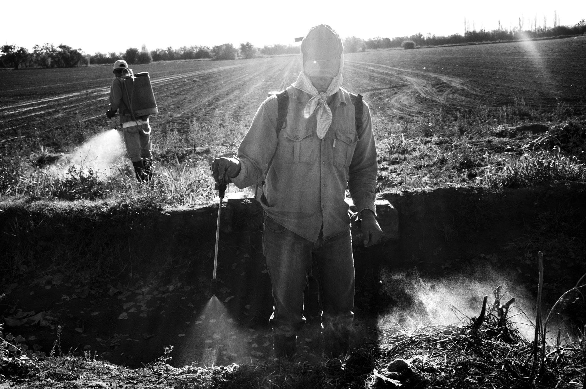 Agrochemical applicators work in Cordoba, Argentina. A national agency identified 83 active pesticide ingredients on Argentine produce; 49% of these substances are classified as probable or possible carcinogenic agents.&nbsp;