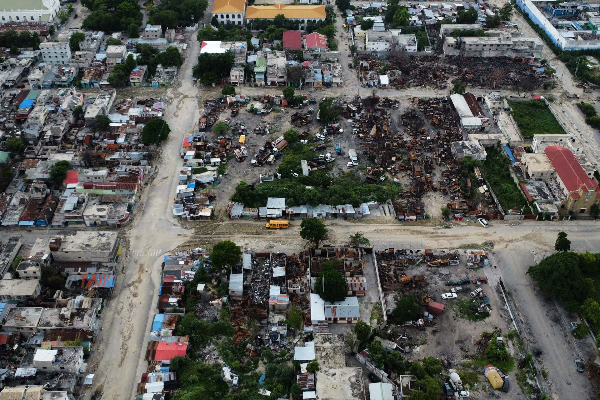 Aerial view of the large-scale destruction caused by armed gangs in Port-au-Prince, Haiti.