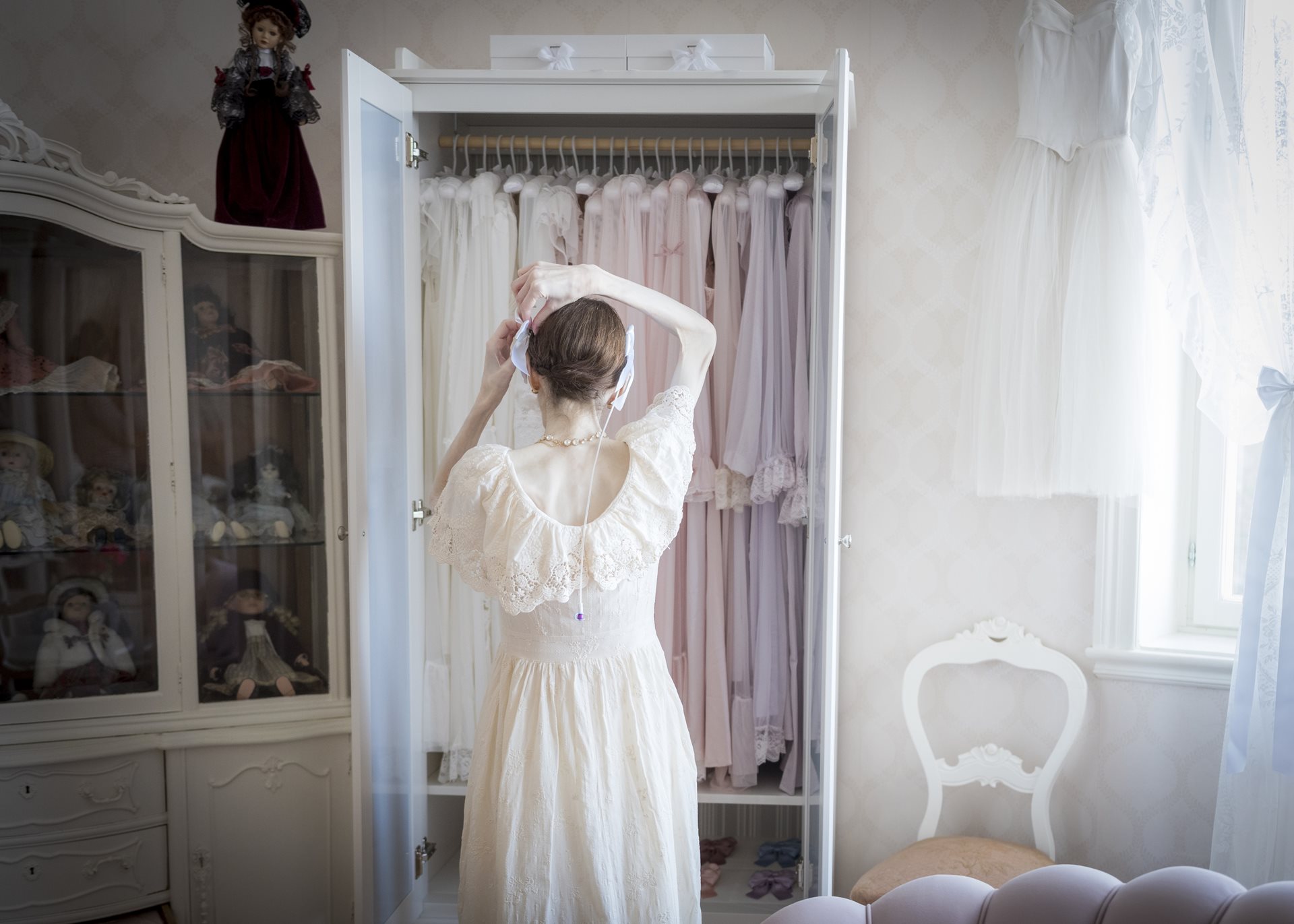 Engla Louise dresses in elaborate 19th-century gowns with lace, full skirts, and pearls. &ldquo;I want to live and become a ballet dancer. That is my greatest dream,&rdquo; she says. Linköping, Sweden.