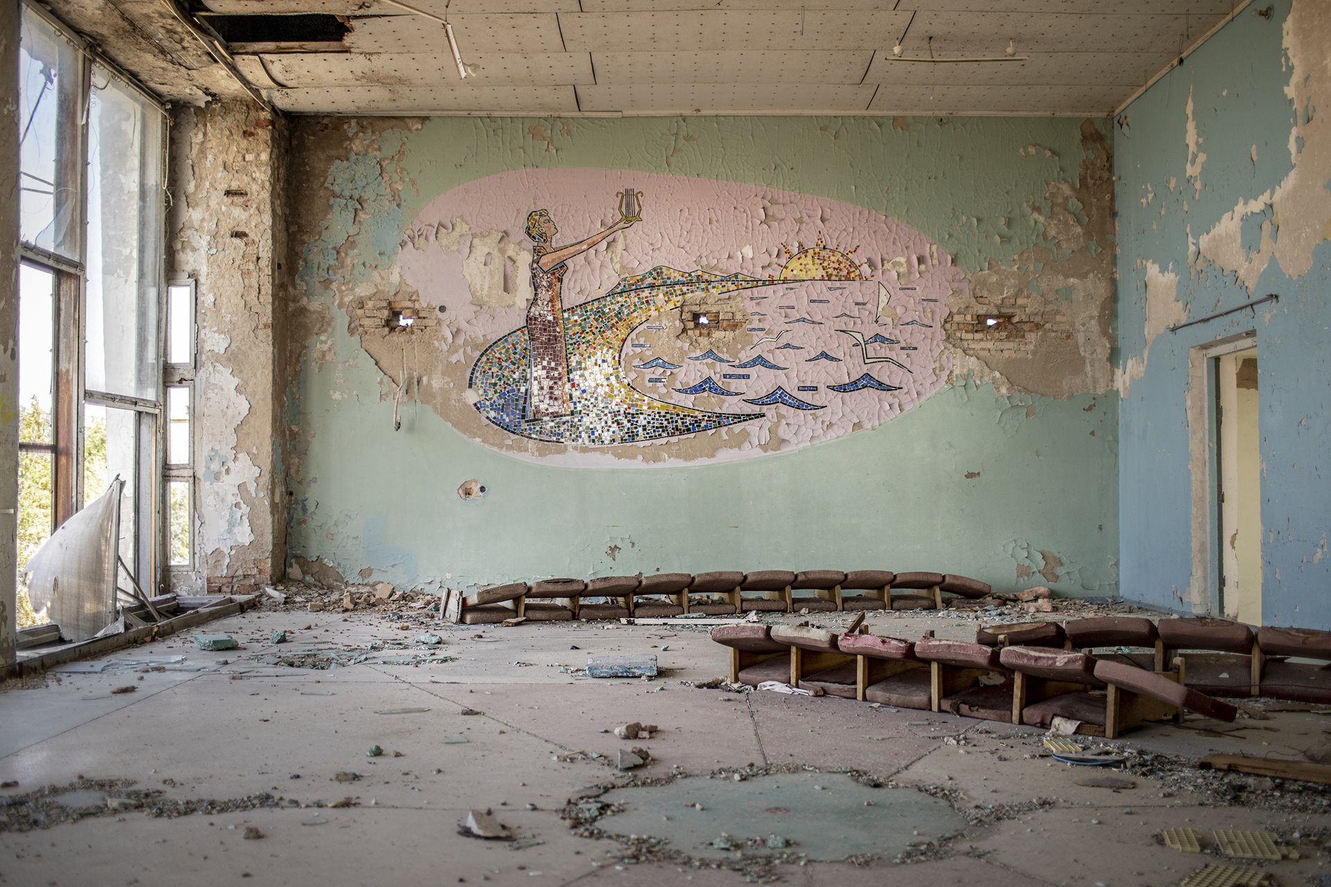 A mosaic in an abandoned building in Mirny, Kazakhstan, depicts waves on nearby Lake Balkhash. Like the Aral Sea, the lake &ndash; &nbsp;one of the largest in Asia &ndash; is shrinking due to the diversion of water from rivers that feed it for agriculture and industry.