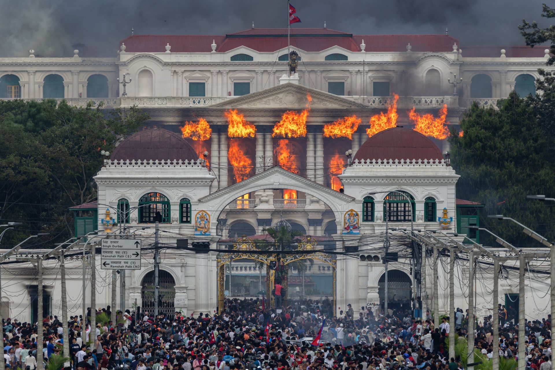 Fire and smoke engulf Singha Durbar after protesters stormed and set the government complex alight during violent demonstrations in Kathmandu, Nepal.
