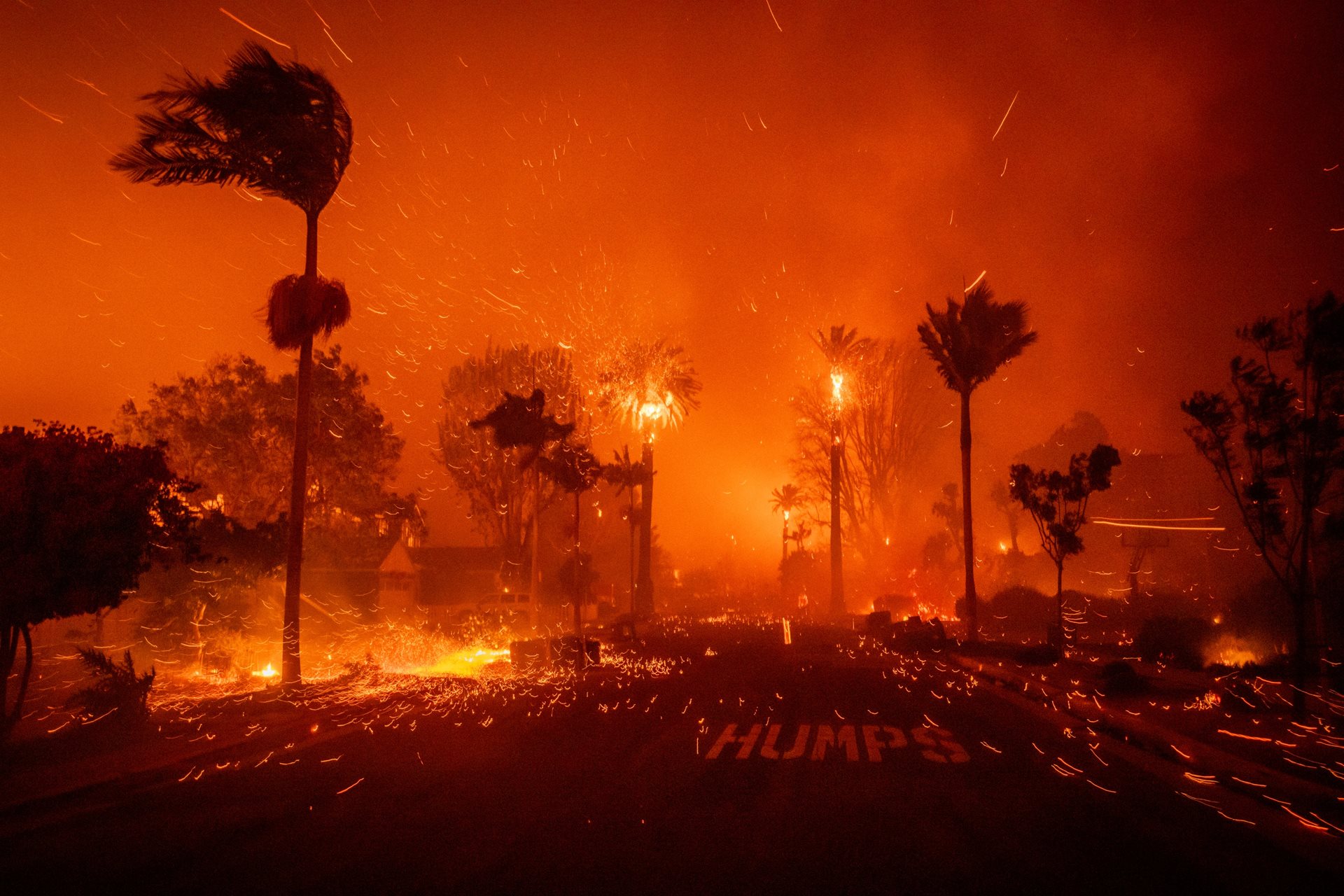 <p>The Palisades Fire ravages a neighborhood amid high winds. The Los Angeles blazes inflicted between $28 and $53.8 billion in property damage, disrupting thousands of local businesses.<br />
Los Angeles, California, United States</p>
