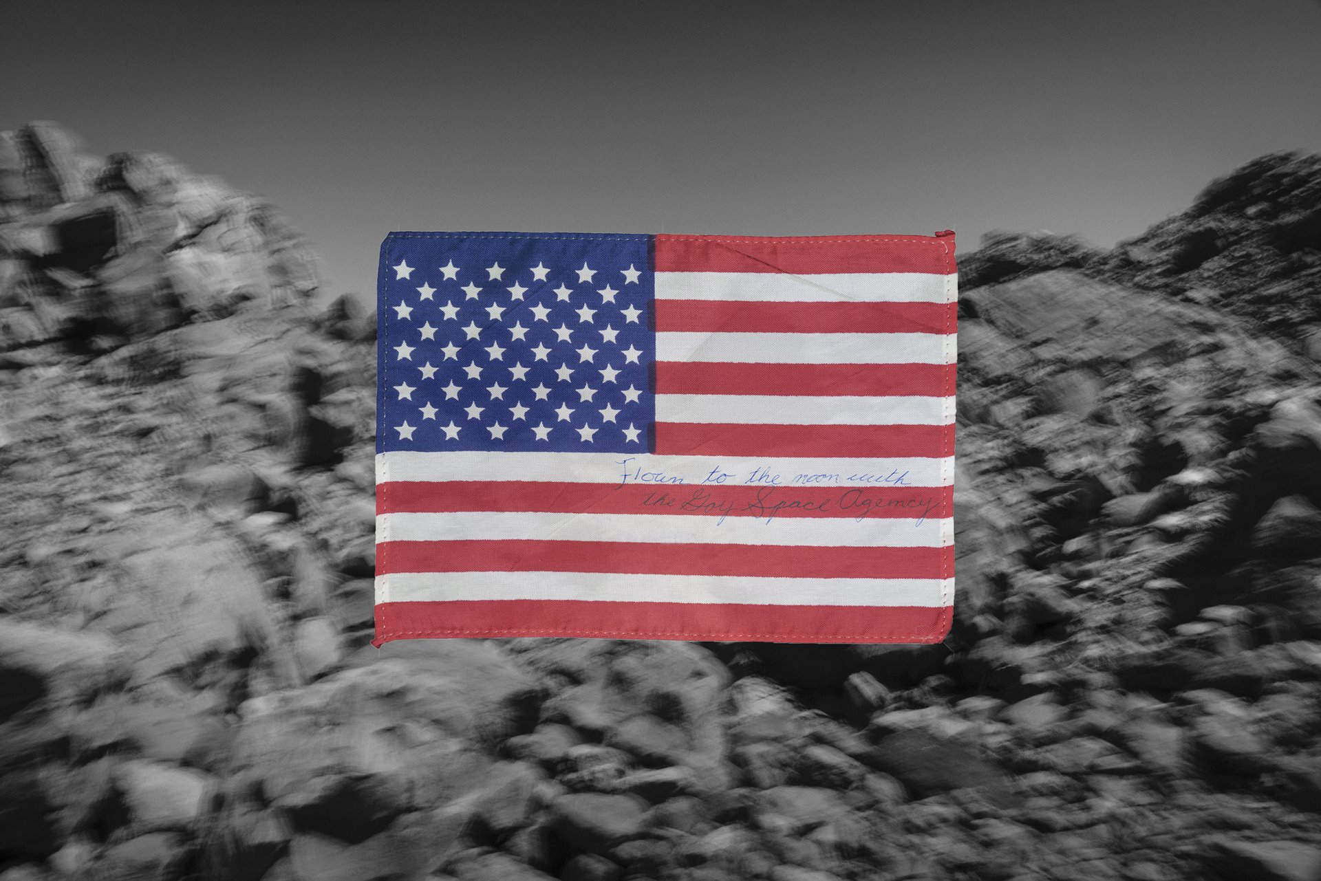 The photographer reimagines the American flag that Buzz Aldrin flew to the moon on Apollo 11 in 1969 as a flag taken instead by the fictional Gay Space Agency.