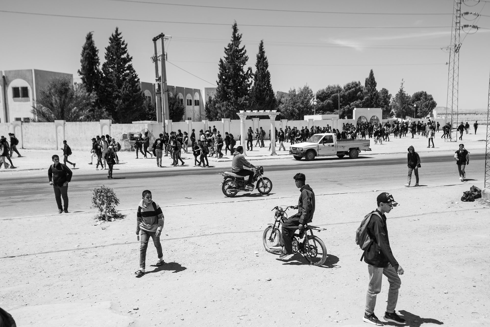 Young people outside a college in Regeub, Tunisia. Youth unemployment rises to 42% for young Tunisians with a tertiary education, according to a survey by the Dutch Ministry of Foreign Affairs.