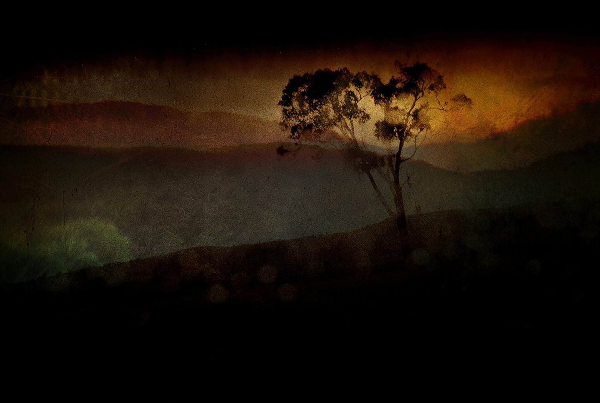 A reimagined view of the Blue Mountains, New South Wales, Australia. This photographic print was painted with ink and reworked by the photographer.&nbsp;