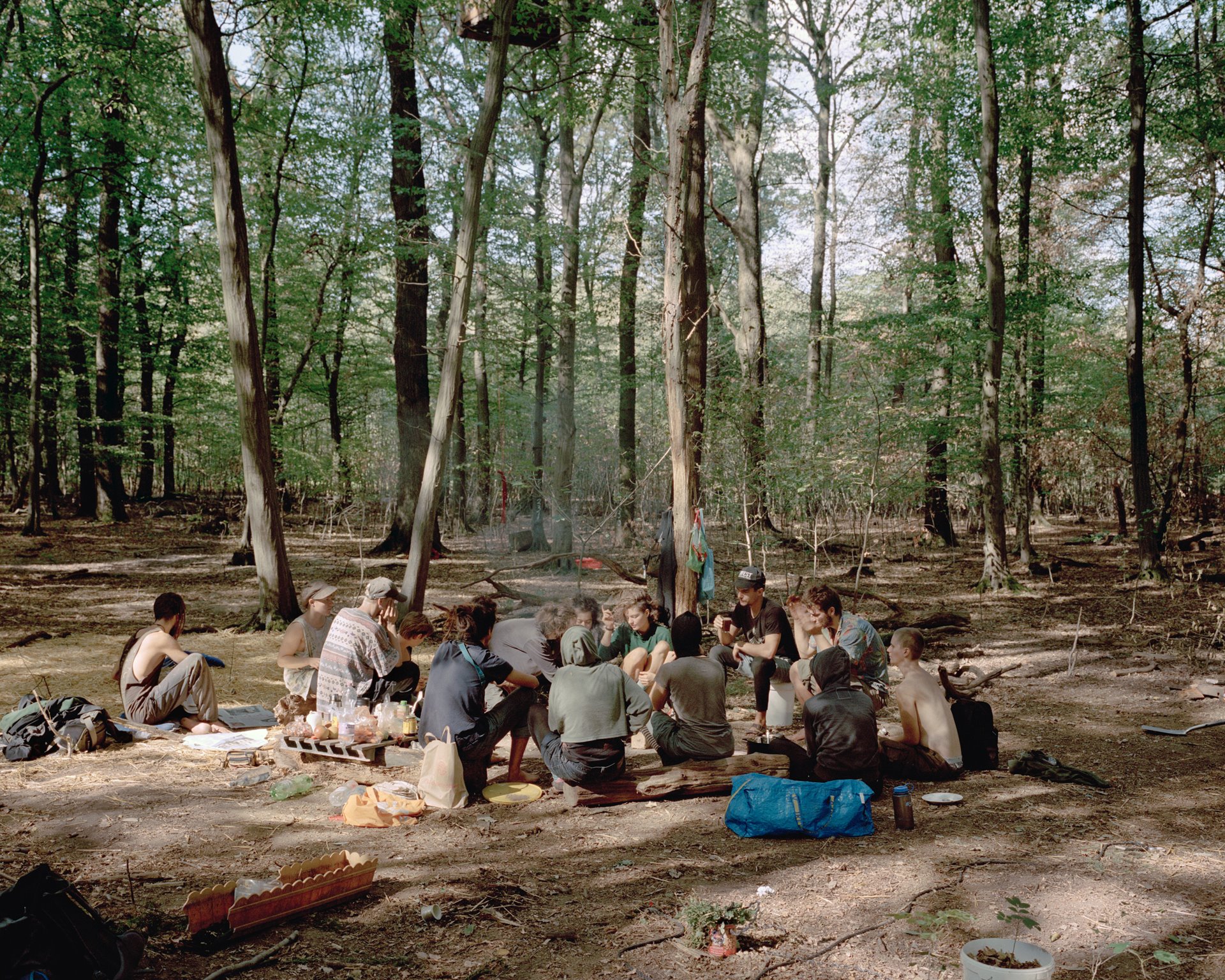 Activists from the &quot;Kleingartenverein&quot; treehouse settlement sit together to discuss group &nbsp;strategy for the upcoming eviction from Hambach Forest, near Kerpen, Germany.