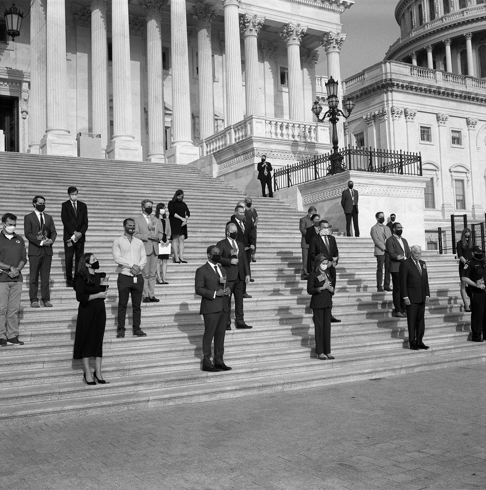 Speaker Nancy Pelosi, House Majority Leader Steny Hoyer, together with other Democrat representatives and aides participate in a ceremony on the steps of the Capitol, in Washington DC, USA, on 11 September 2020, to commemorate the 9/11 terrorist attacks.