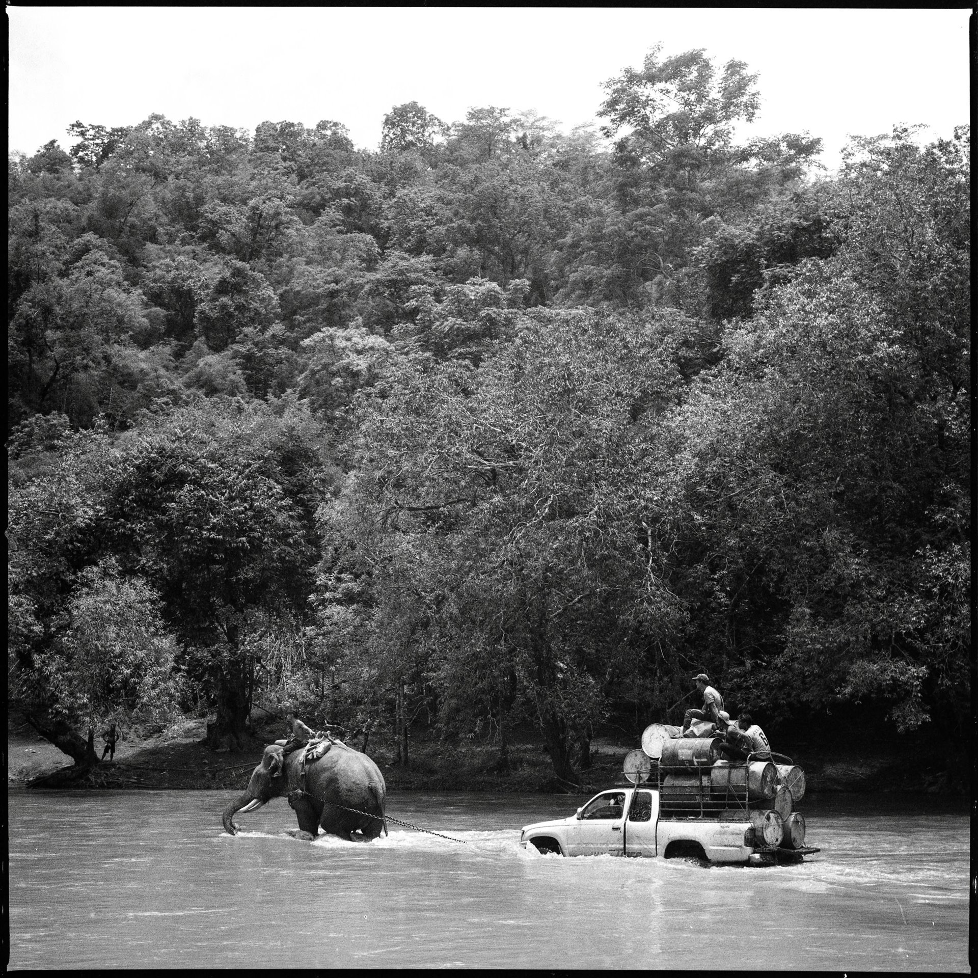 Villagers cross a flooded creek with the help of an elephant, in Kayah (Karenni) State, Myanmar. Military authorities had cut off food, medical, and fuel supplies forcing villagers to use jungle routes to transport goods. Floods triggered by monsoon rains displaced approximately 60,000 people between mid-July and mid-August 2023 across Myanmar.
