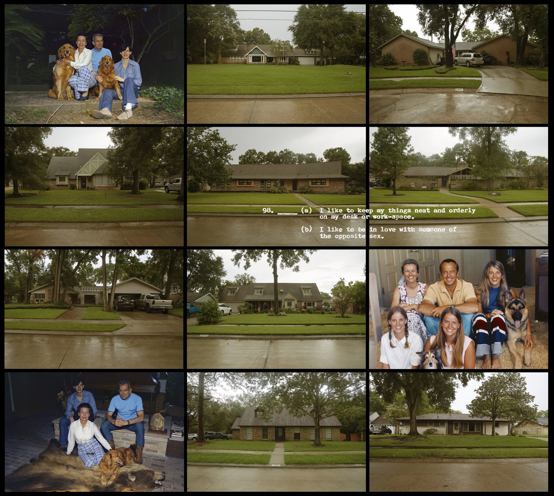 Text excerpted from the Edwards Personal Preference Schedule (EPPS) overlaid on a grid of photos of NASA astronaut family homes and portraits. EPPS was a psychological test used to evaluate astronaut candidates in NASA&rsquo;s Mercury, Gemini, and Apollo programs. Most of the Mercury, Gemini, and Apollo astronauts lived in the El Lago neighborhood of Houston, Texas, United States, near the Johnson Space Center. Two astronauts and their families are shown: Deke Slayton (left column), Apollo-Soyuz astronaut and the first Chief of the Astronaut Office, and Alan Shephard (left column), the first American in space.