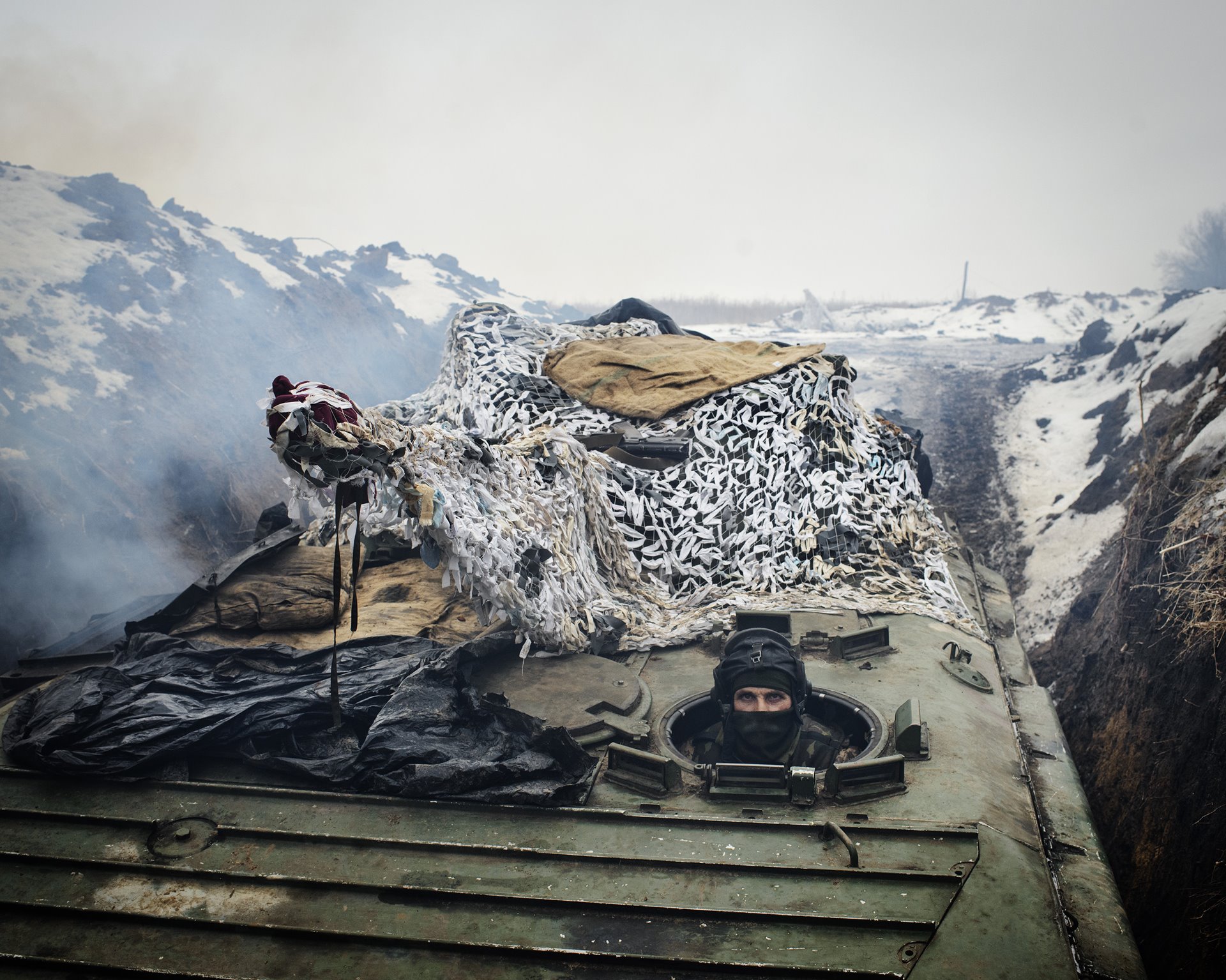 A military position held by the 93rd Brigade of the Ukrainian Ground Forces, in Krymske, Donbas, Ukraine, a kilometer from the front in the battle with separatist fighters.