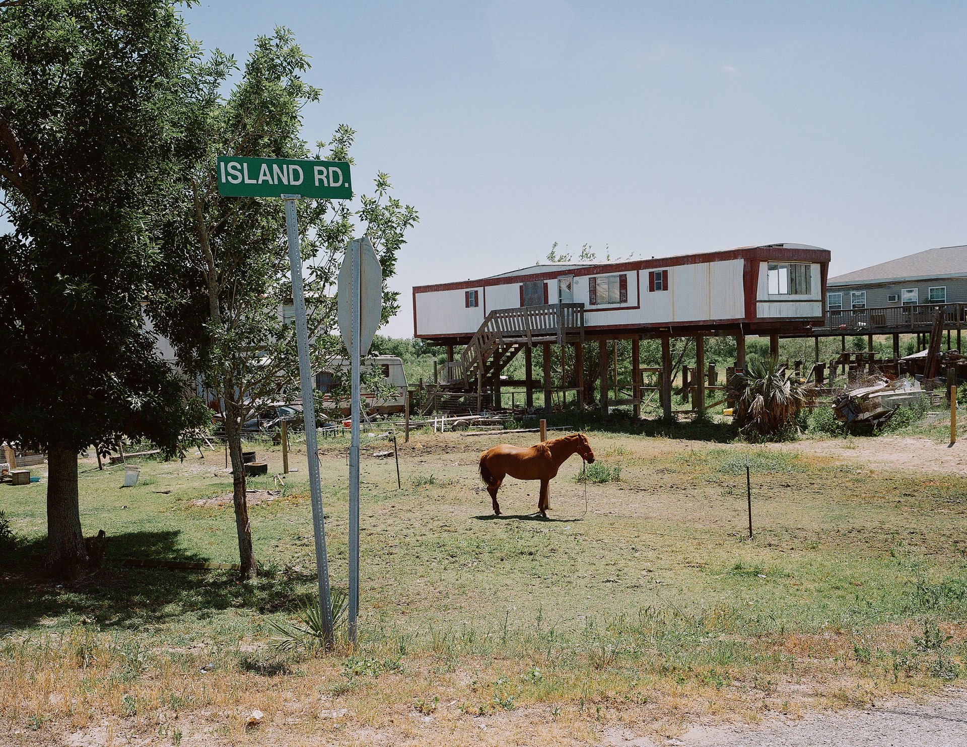The Dardars&#39; family house, like most of the others on the island, is raised off the ground because of frequent flooding. Island Road, Louisiana, United States.