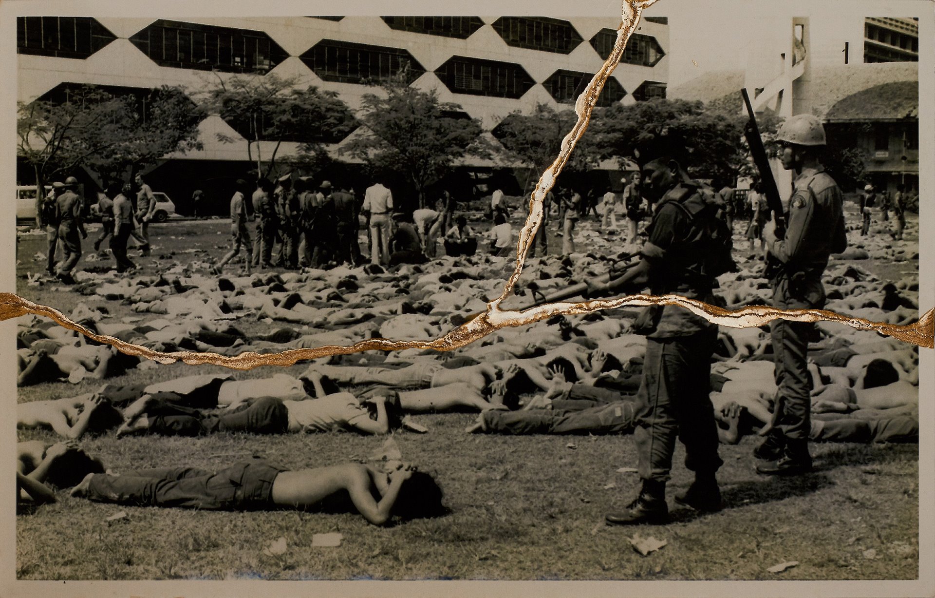 <p>Archive image of the 6 October 1976 massacre in Bangkok, Thailand. Thongchai Winichakul, the student leader at the time of the massacre, reports that he saw people lying on the ground, not realizing that some of them were dead. He kept repeating the same thing over and over: &ldquo;Please stop shooting. We have no weapons.&rdquo;</p>
