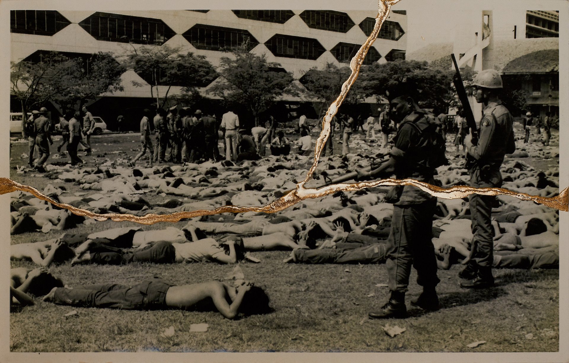 <p>Archive image of the 6 October 1976 massacre in Bangkok, Thailand. Thongchai Winichakul, the student leader at the time of the massacre, reports that he saw people lying on the ground, not realizing that some of them were dead. He kept repeating the same thing over and over: &ldquo;Please stop shooting. We have no weapons.&rdquo;</p>
