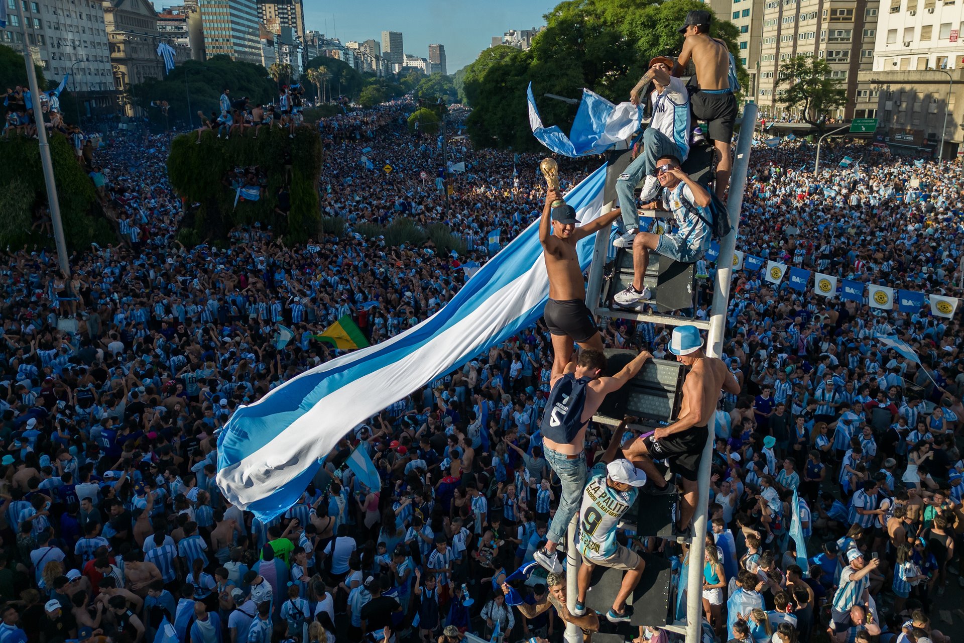 <p>An aerial view of fans celebrating Argentina&rsquo;s victory at the 2022 FIFA World Cup at the intersection of two of the city&rsquo;s most important streets, Avenida 9 de Julio and Avenida Corrientes, in Buenos Aires, Argentina.</p>
