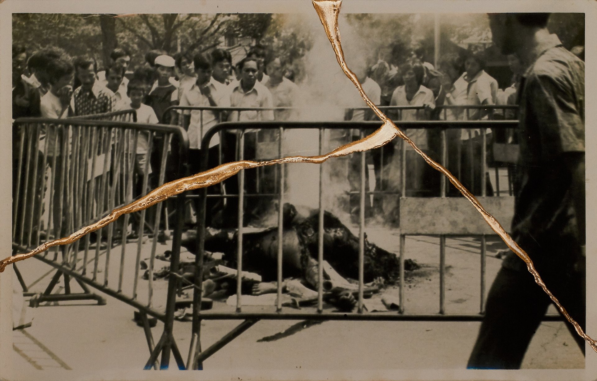 The bodies of protesters are burned during the 6 October 1976 massacre in Bangkok, Thailand.