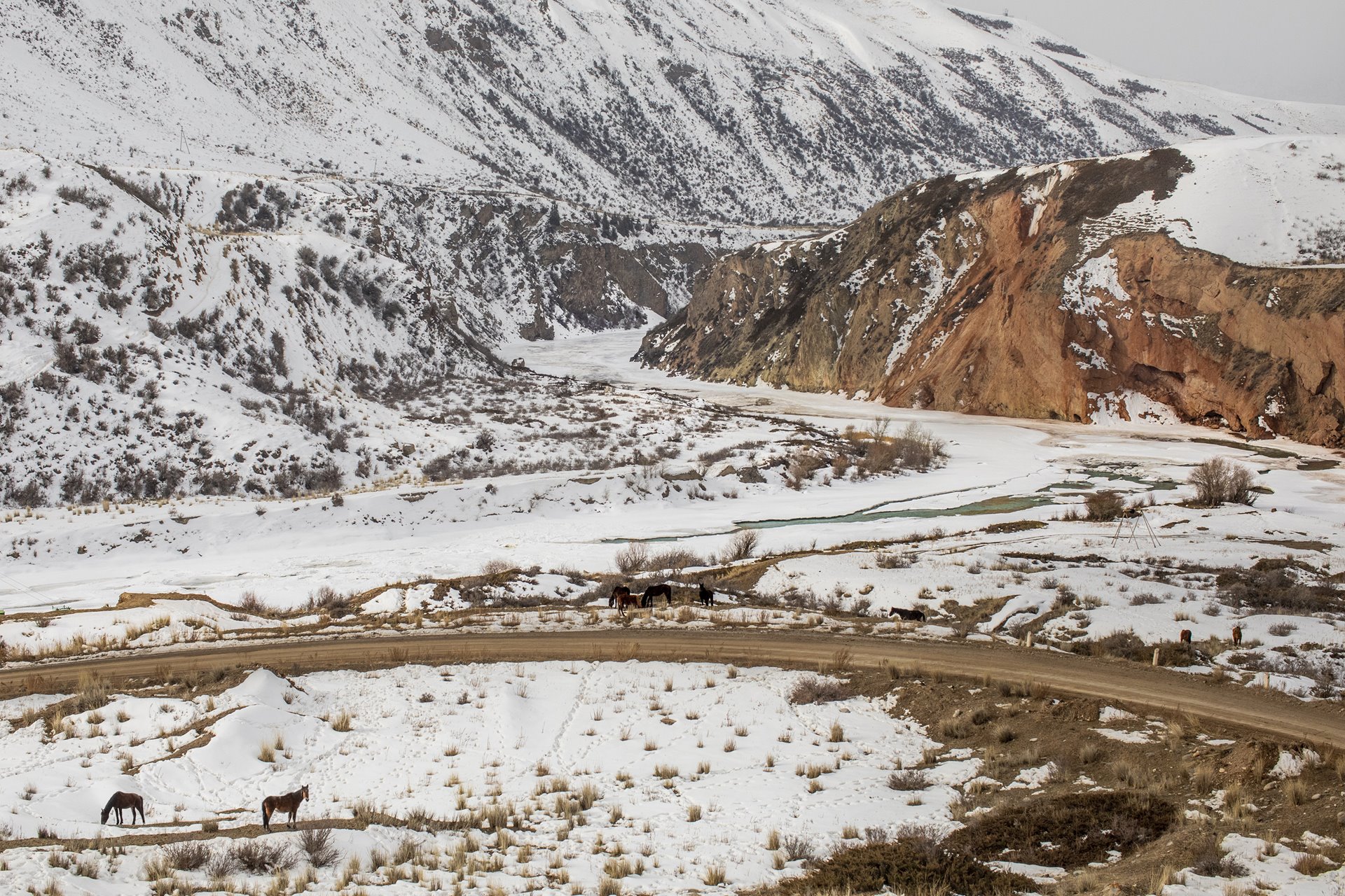 The Naryn River, here running near the village of Eki-Naryn in Kyrgyzstan, depends on snow melt, glacial run-off, and precipitation for its water supply. Recent droughts have lowered its flow.