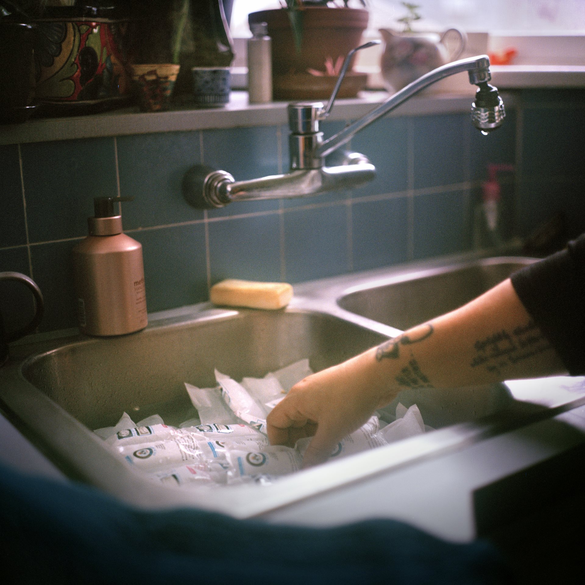 Ice packs are prepared for placing under the guest&rsquo;s body after death. Washington State, United States.