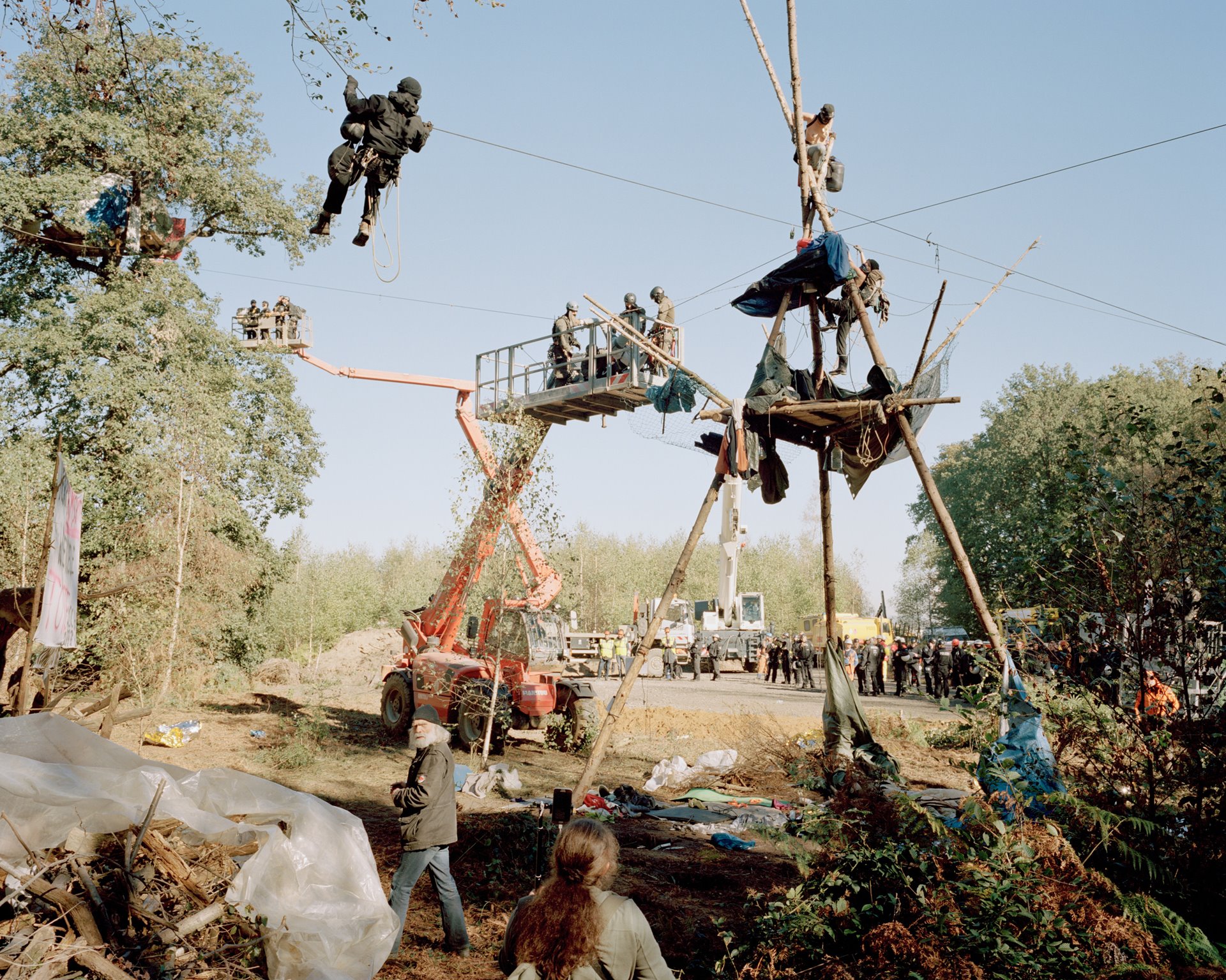 Police officers clear Lorien, the last remaining tree-house occupation in Hambach Forest. Merzenich, Germany.