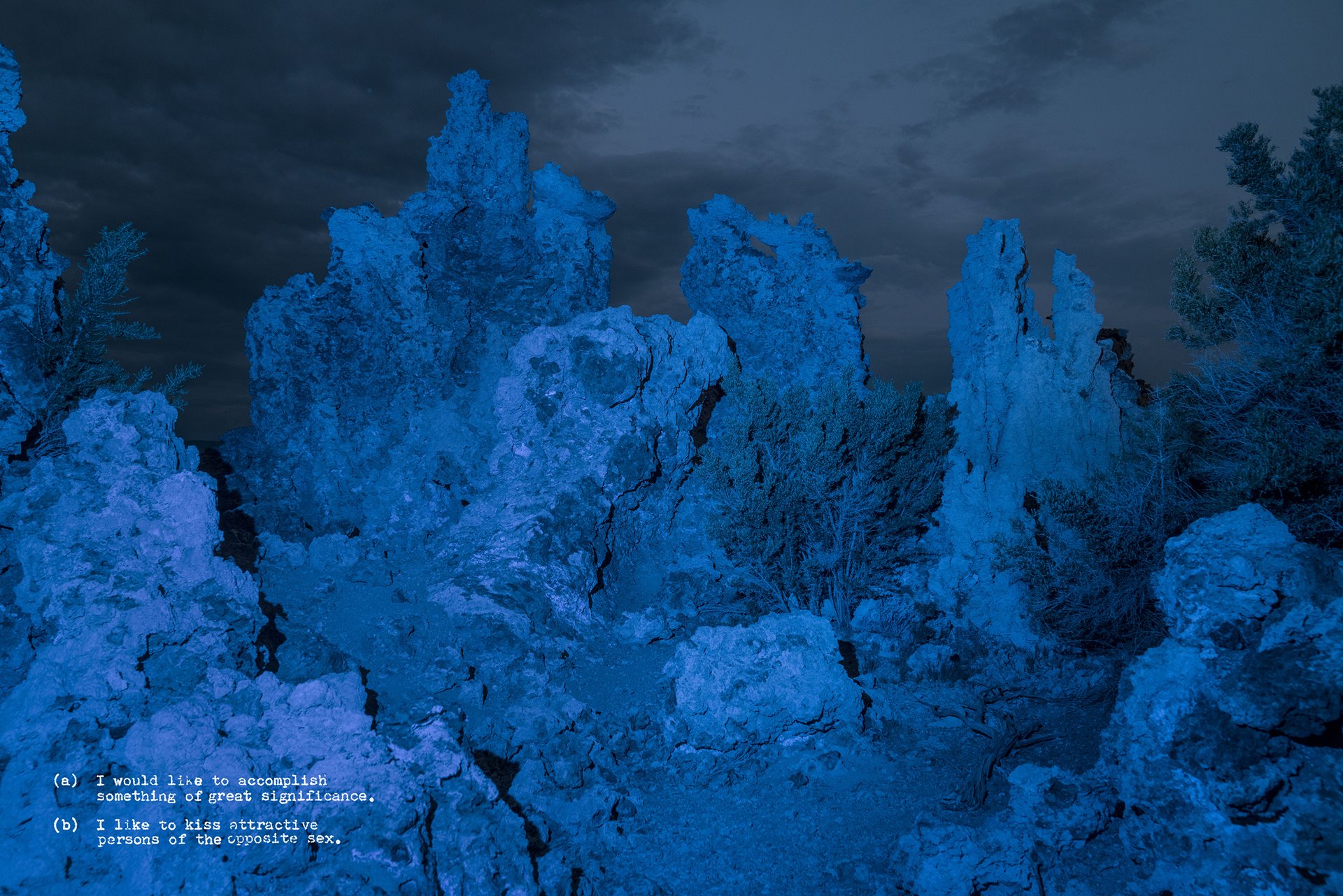 Answer choices from the Edwards Personal Preference Schedule (EPPS) overlaid on a surreal landscape image of Mono Lake, California, United States. EPPS was a psychological test used to evaluate astronaut candidates in NASA&rsquo;s Mercury, Gemini, and Apollo programs. The test ranked 15 psychological criteria, including heterosexuality.&nbsp;