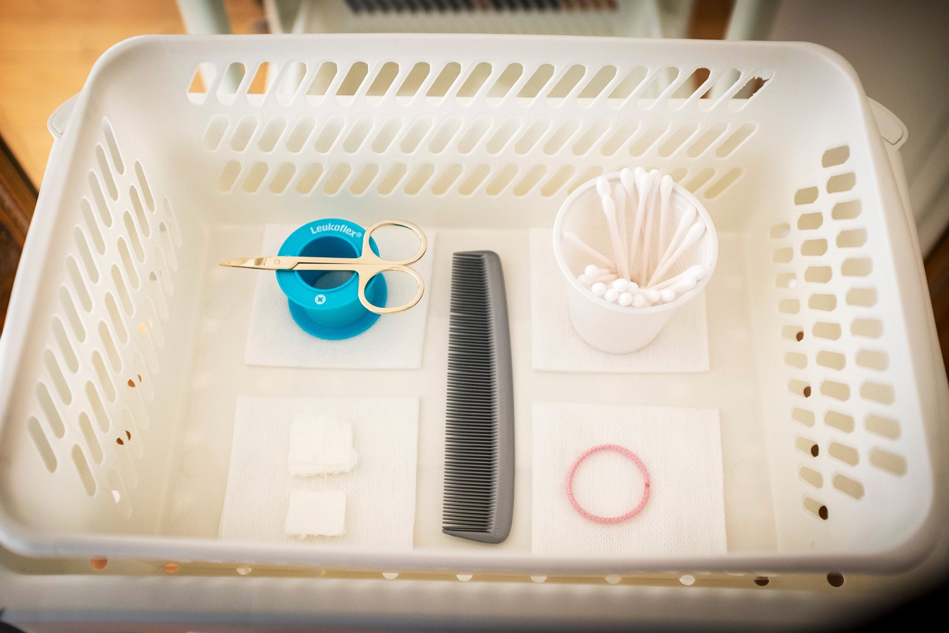 <p>A basket of personal care items in Engla Louise&rsquo;s apartment in Linköping, Sweden. Because of her obsessive thoughts and extreme fear of contamination, visitors must wear shoe covers, disinfect their hands, and avoid touching furniture and walls.</p>
<br />
&nbsp;