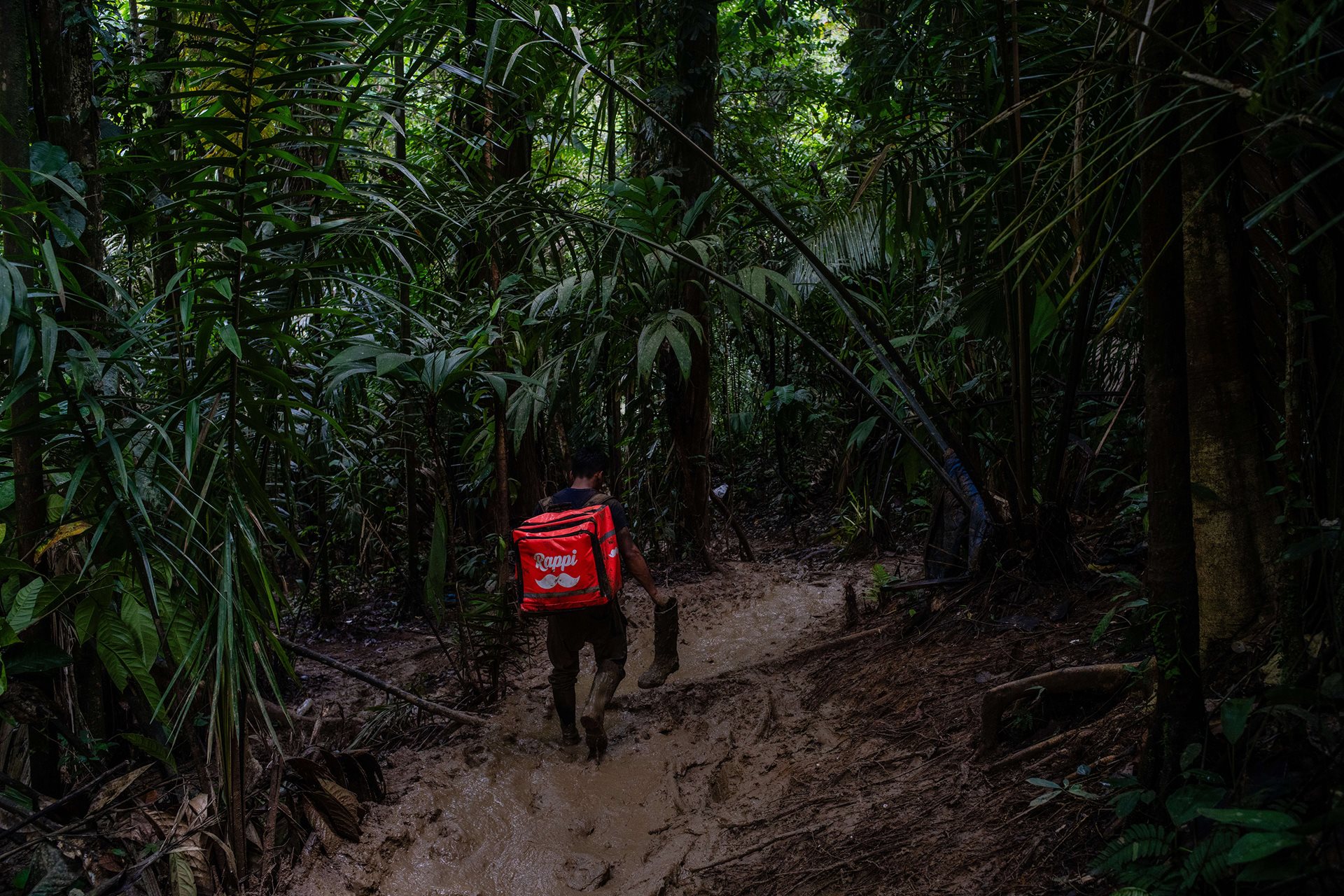 A migrant carries a backpack from a food delivery service operating in several Latin American countries as he traverses the jungle with his belongings inside.